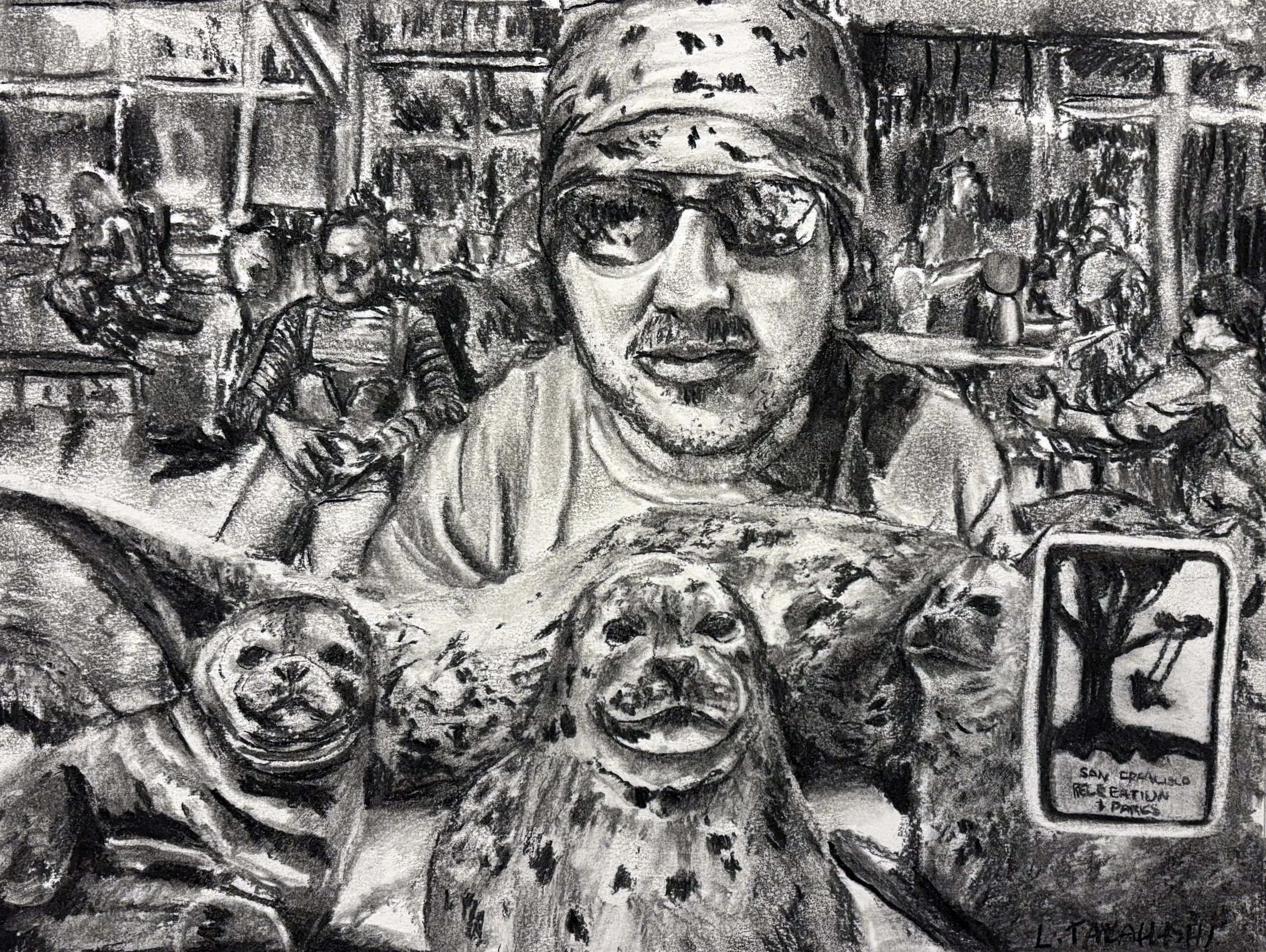 Pups, 2025, Charcoal on paper, 16" x 12"