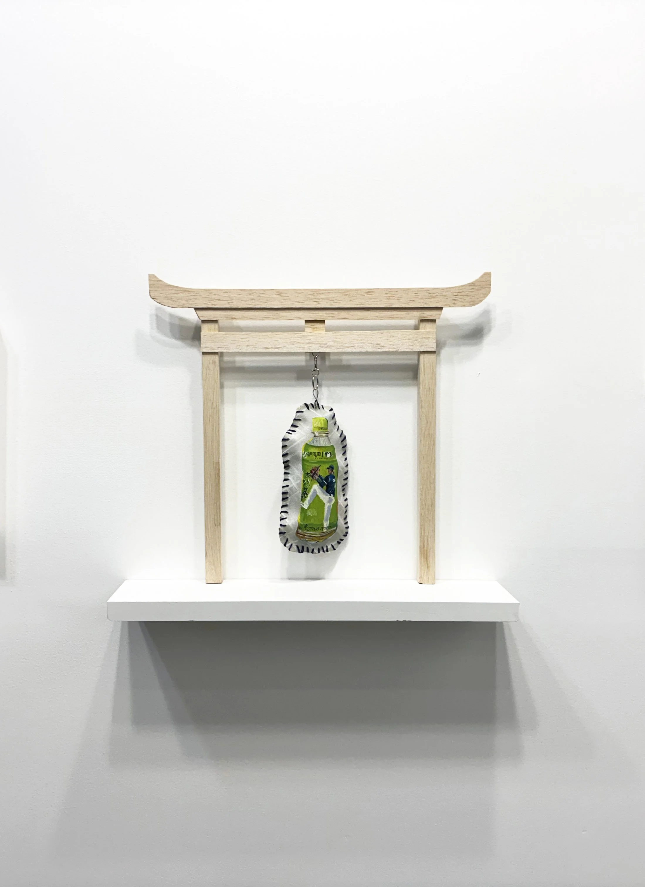 Gate, 2025, Stuffed acrylic on canvas with embroidery thread, balsa wood, and keychain hardware, 19" x 19"