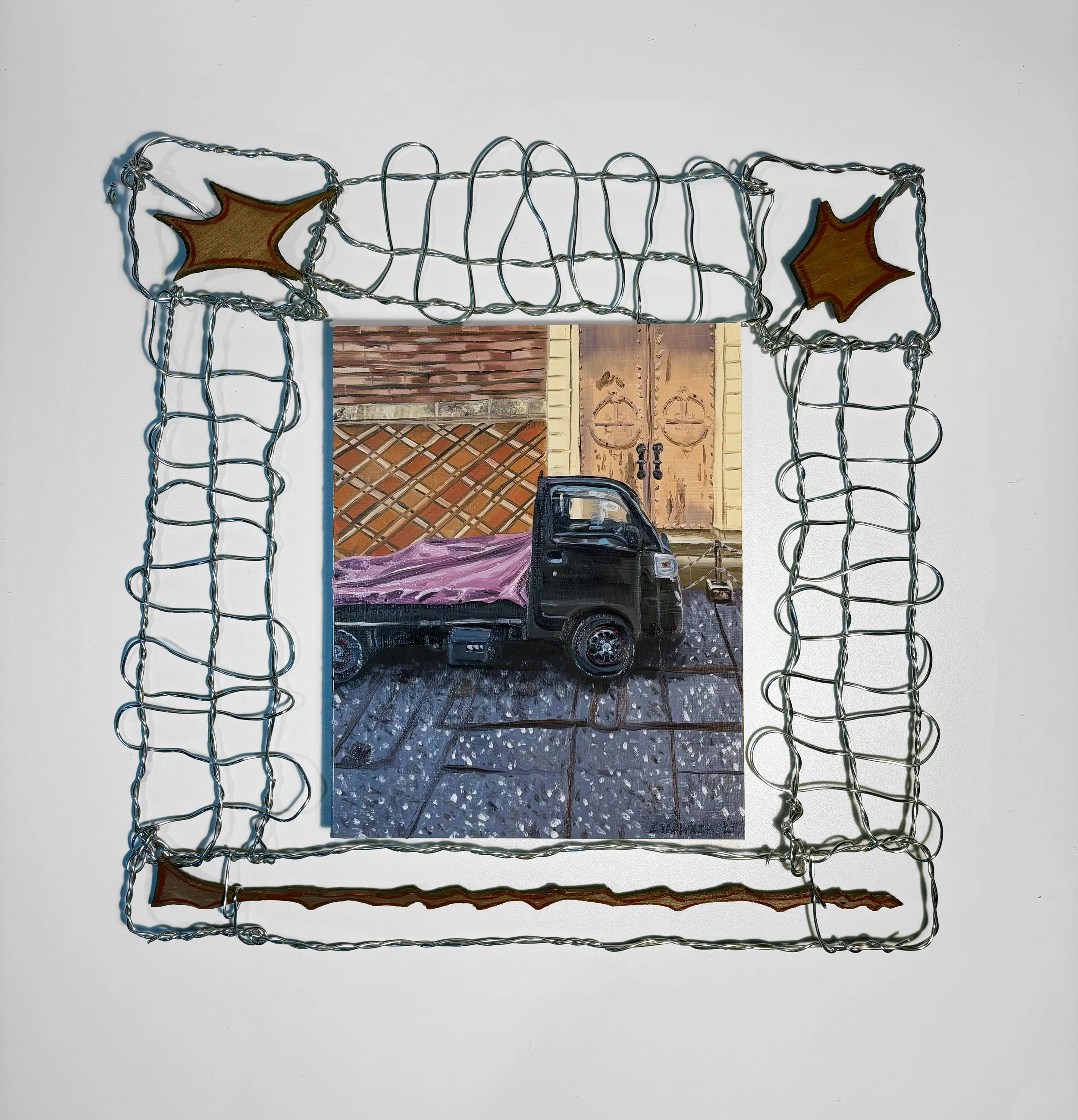 KEI, 2025, Oil paint on wood panel, metal wire, and painted wood, 16" x 16"