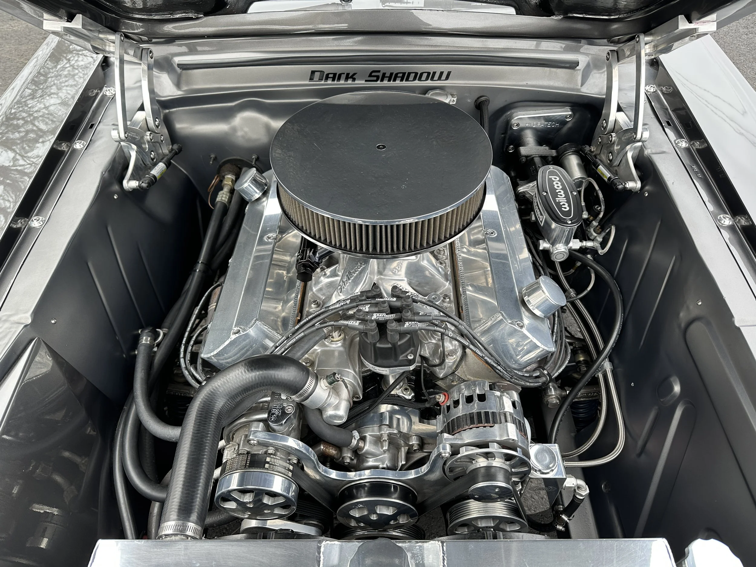 V8 car engine with chrome components, black air filter, and various hoses and belts in a clean engine bay.