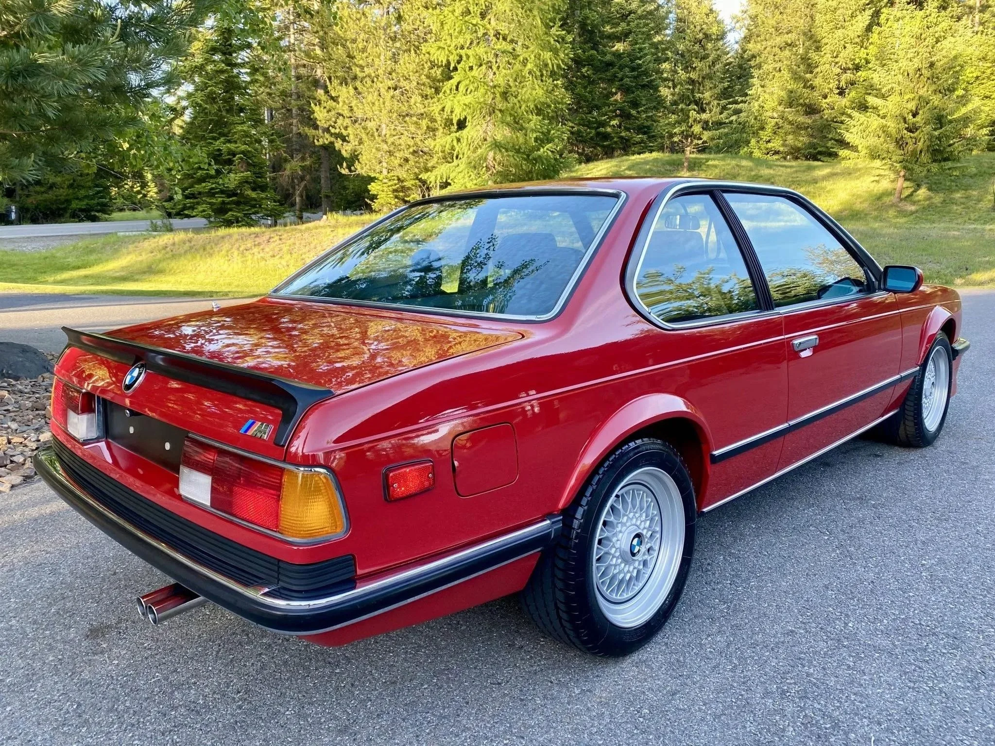 Red classic BMW M1 car parked on the side of the road with green trees and grass in the background.