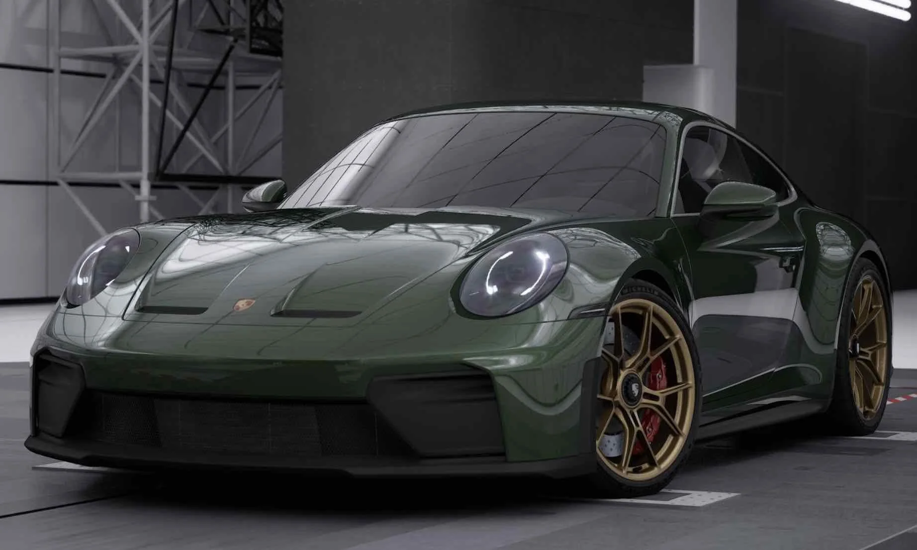 A green Porsche sports car with gold wheels parked indoors in a modern, industrial-style space.