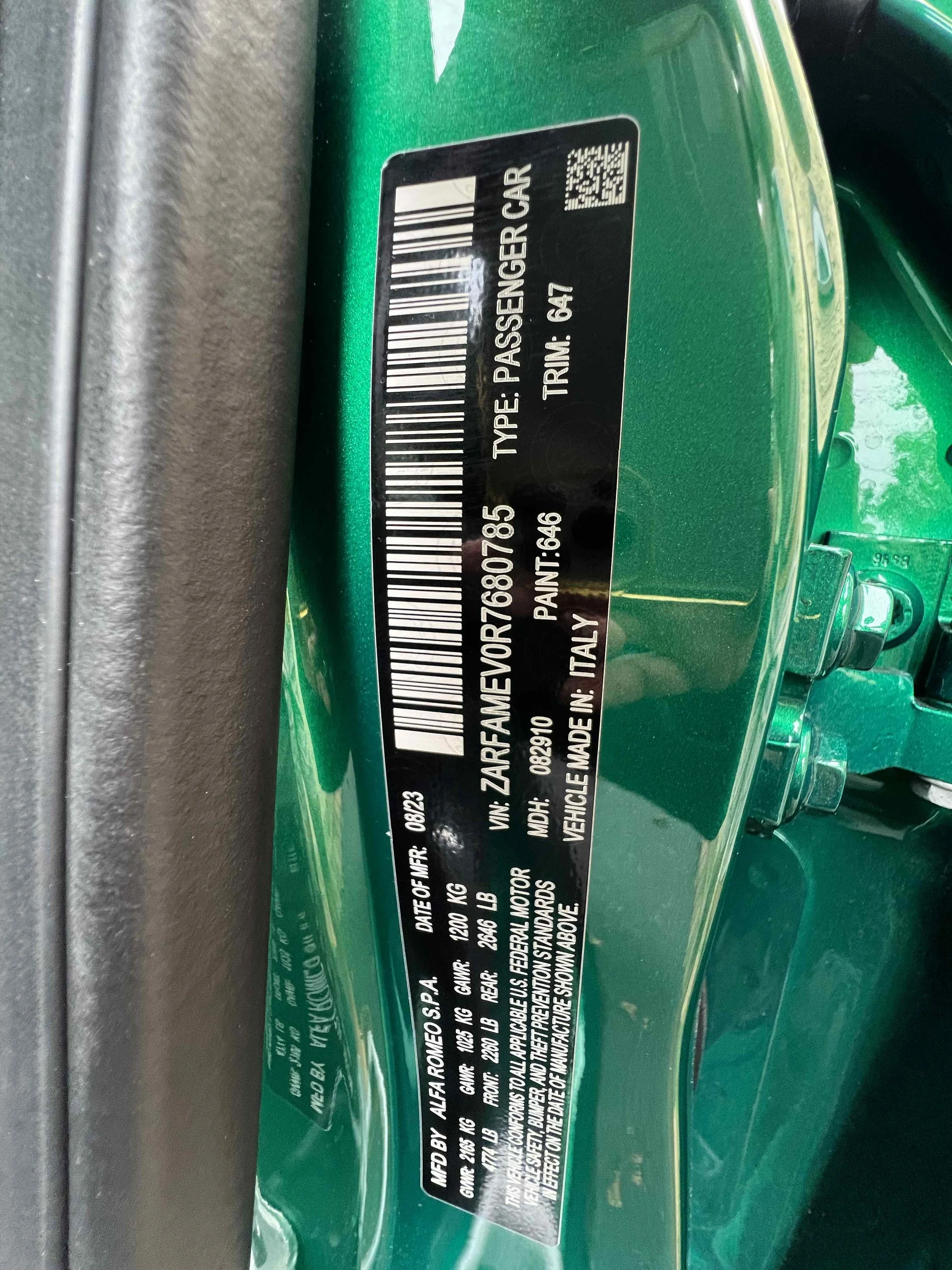 Vehicle identification and manufacturing details label on a green car door frame.