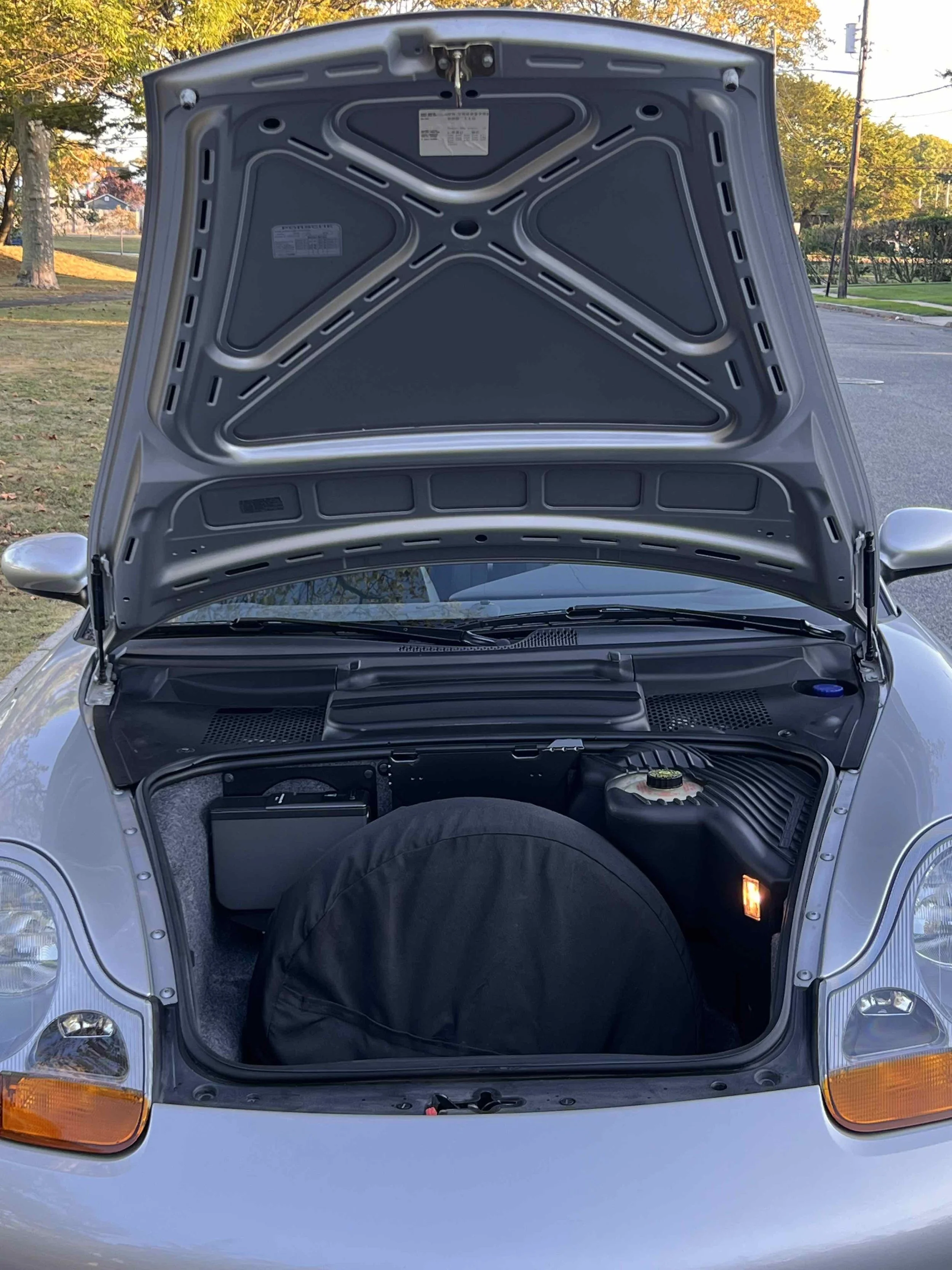 Front of a silver car with its hood open, revealing the spare tire and engine compartment, in a park with trees and a street in the background.