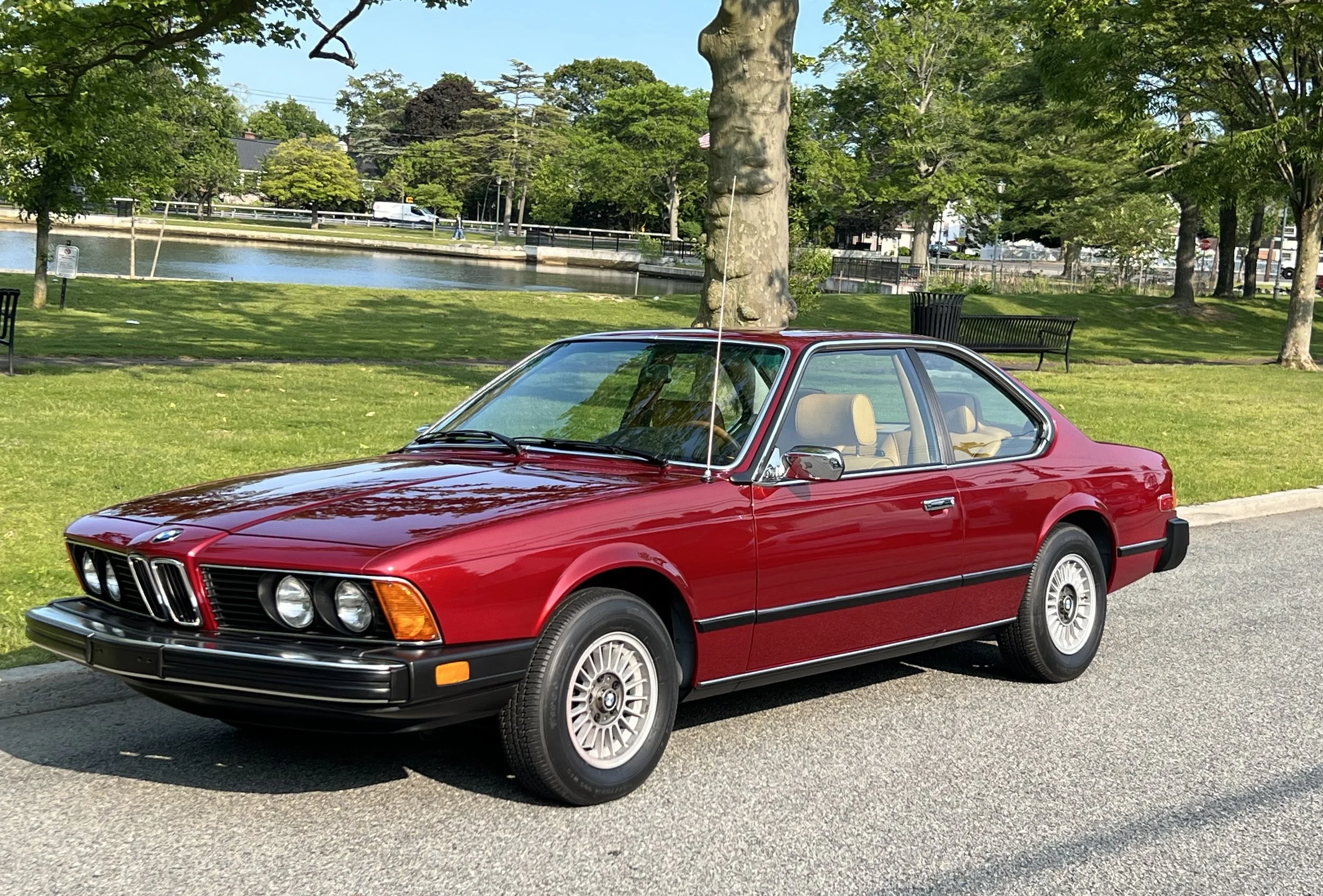Ruby Red 1977 BMW 630 csi on display in park with trees, grass, and lake in background for sale at FlowHaus