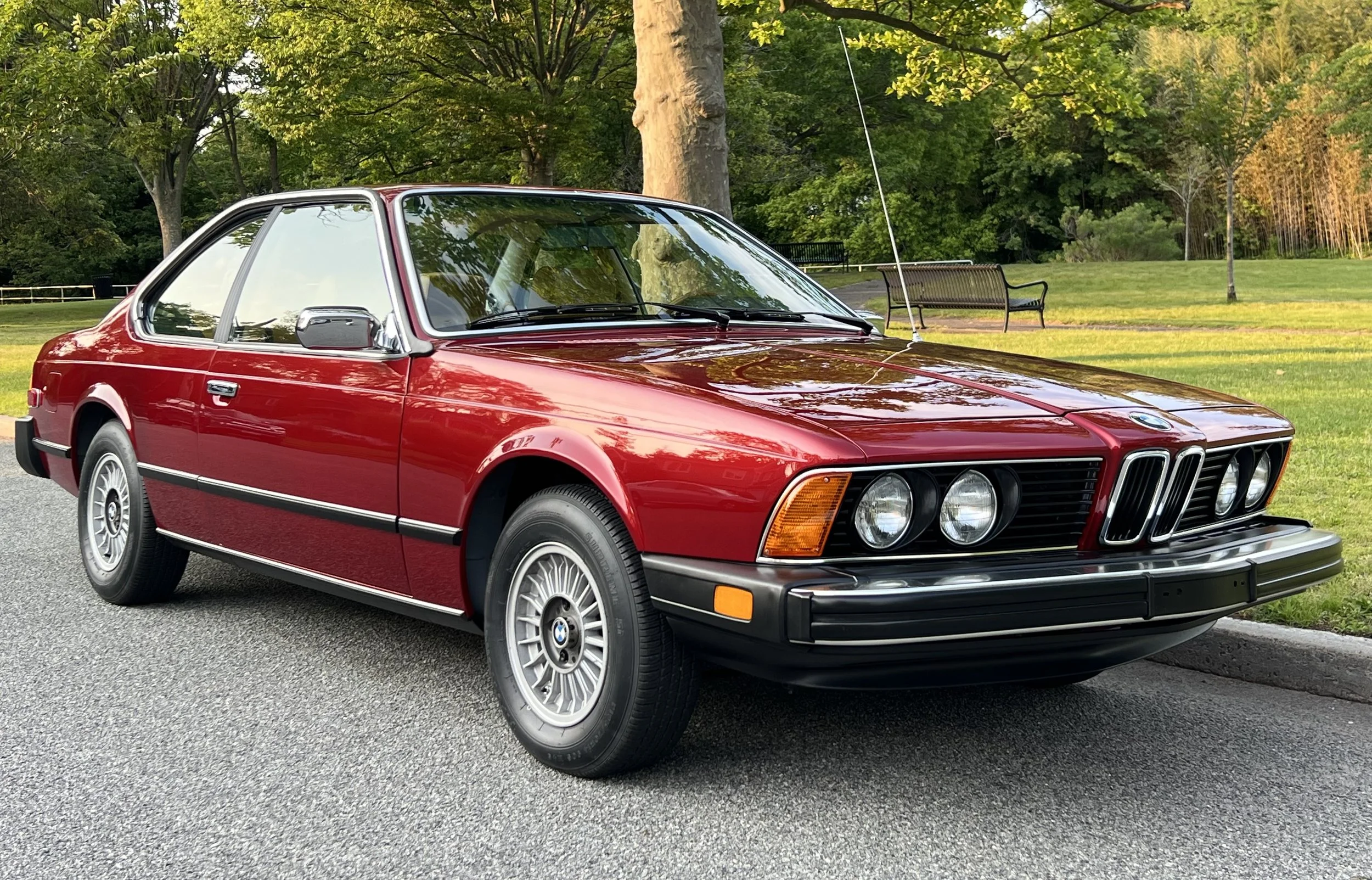 Side of Ruby Red 1977 BMW 630 csi on display in park for sale at FlowHaus