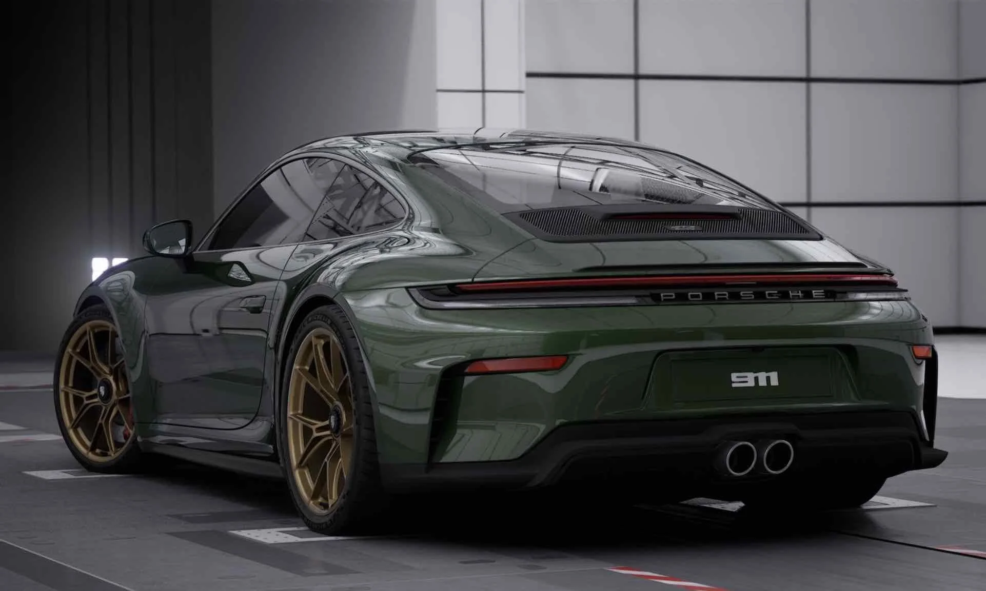 A green Porsche sports car with gold wheels parked indoors, displaying the rear and side view.
