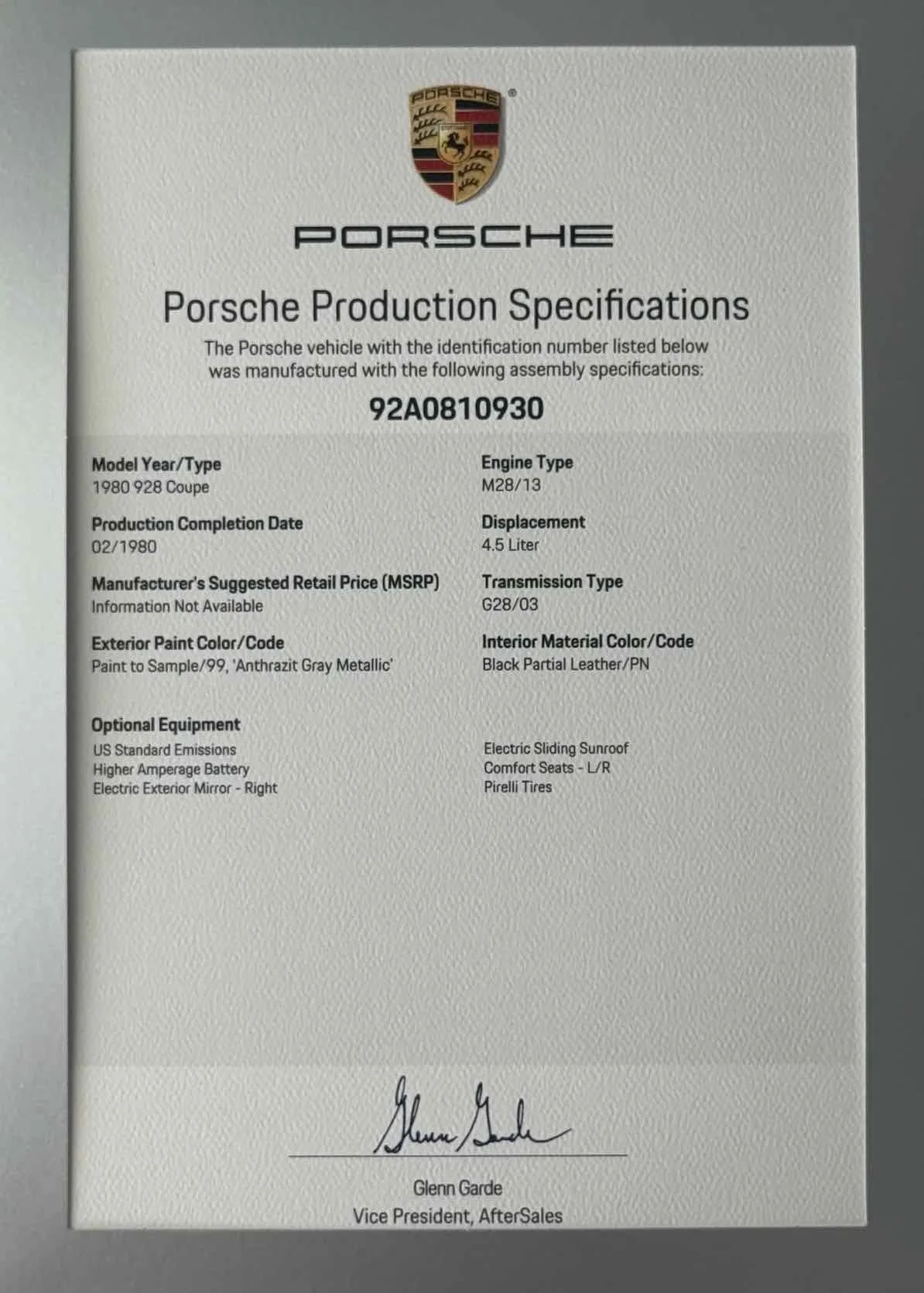 Porsche production specifications sheet for a 1980 Porsche 928 Coupe, including model number, engine type, production date, and optional equipment.