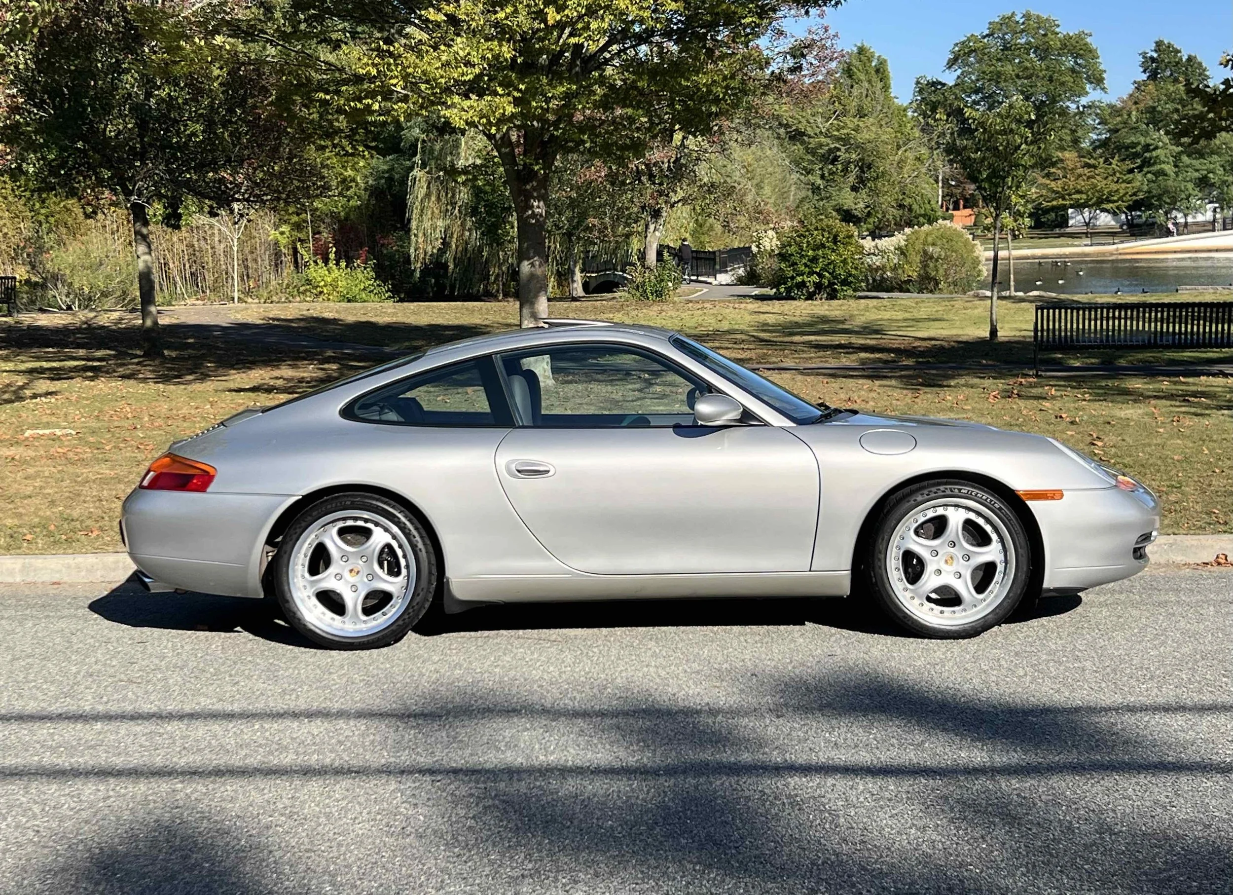 A silver Porsche 911 parked on a street with trees and a park in the background.