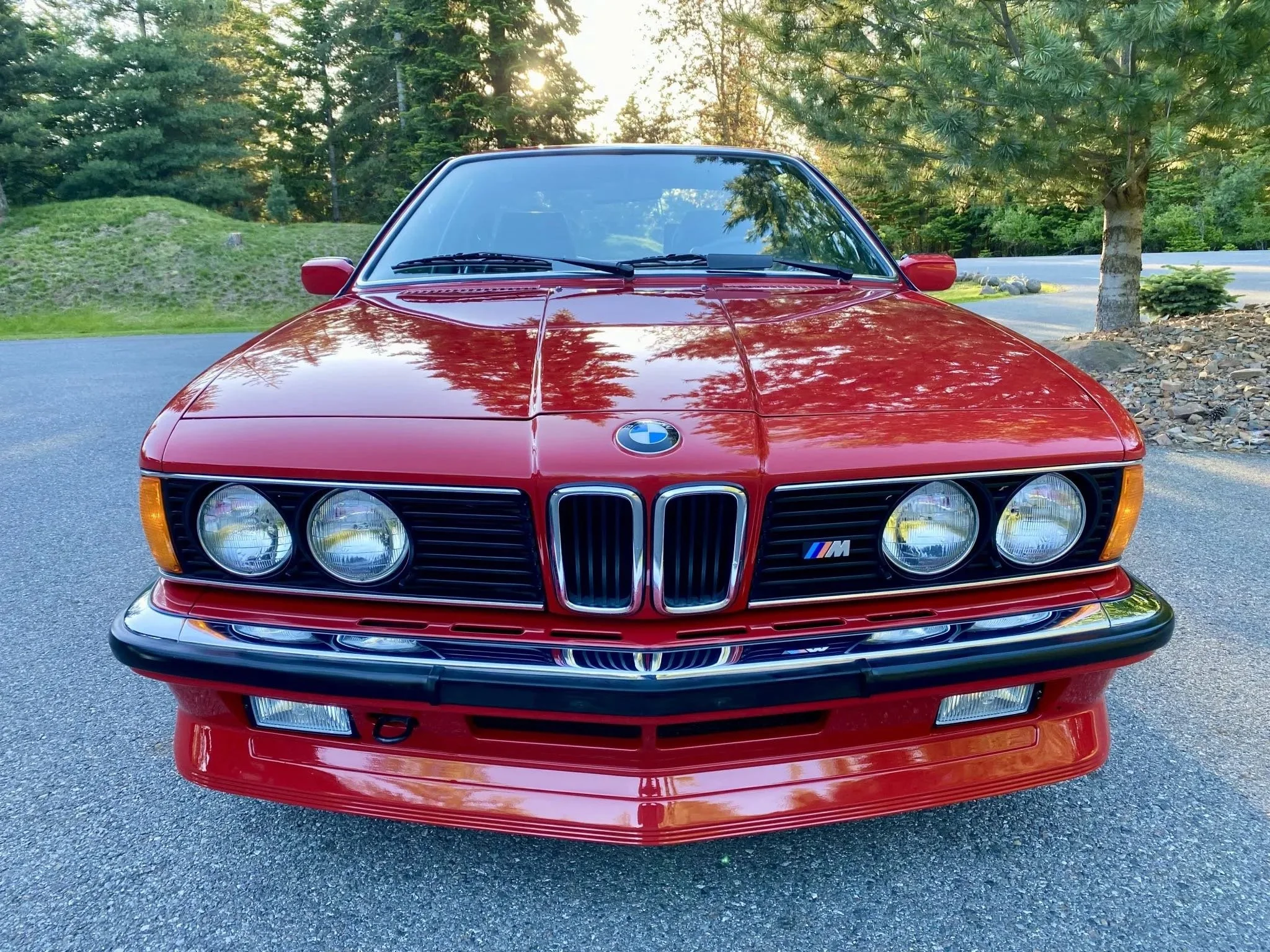Front view of a red vintage BMW M car parked on a paved road surrounded by trees and greenery.