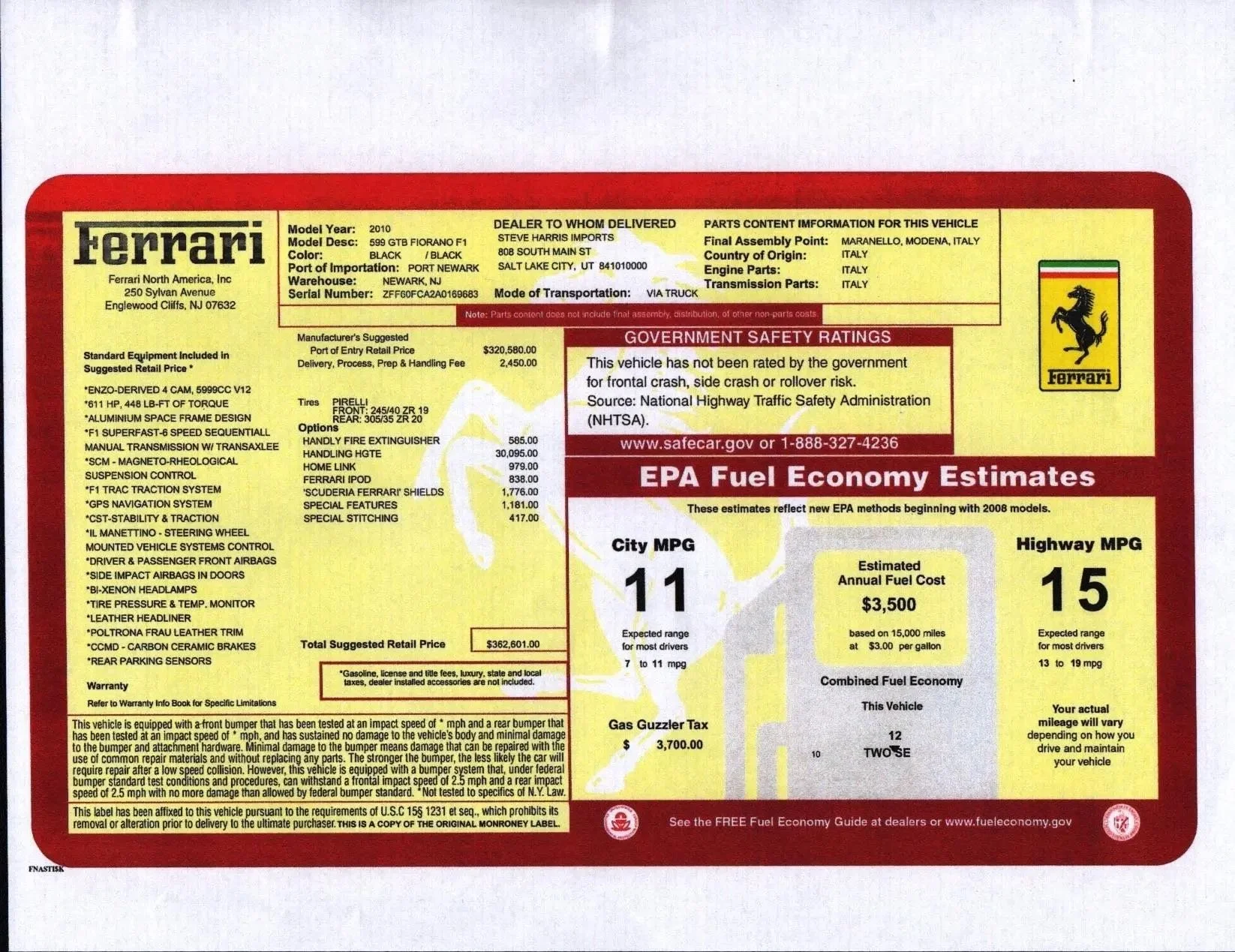 A car window sticker for a 2010 Ferrari 599 GTB Fiorano F1, black color, imported from Port Newark, with various specifications, safety ratings, and EPA fuel economy estimates.