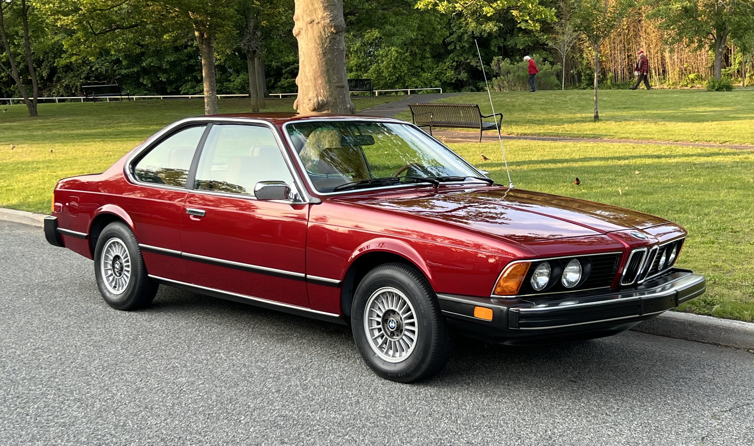 Ruby Red 1977 BMW 630 csi on display in park with trees and grass in background for sale at FlowHaus