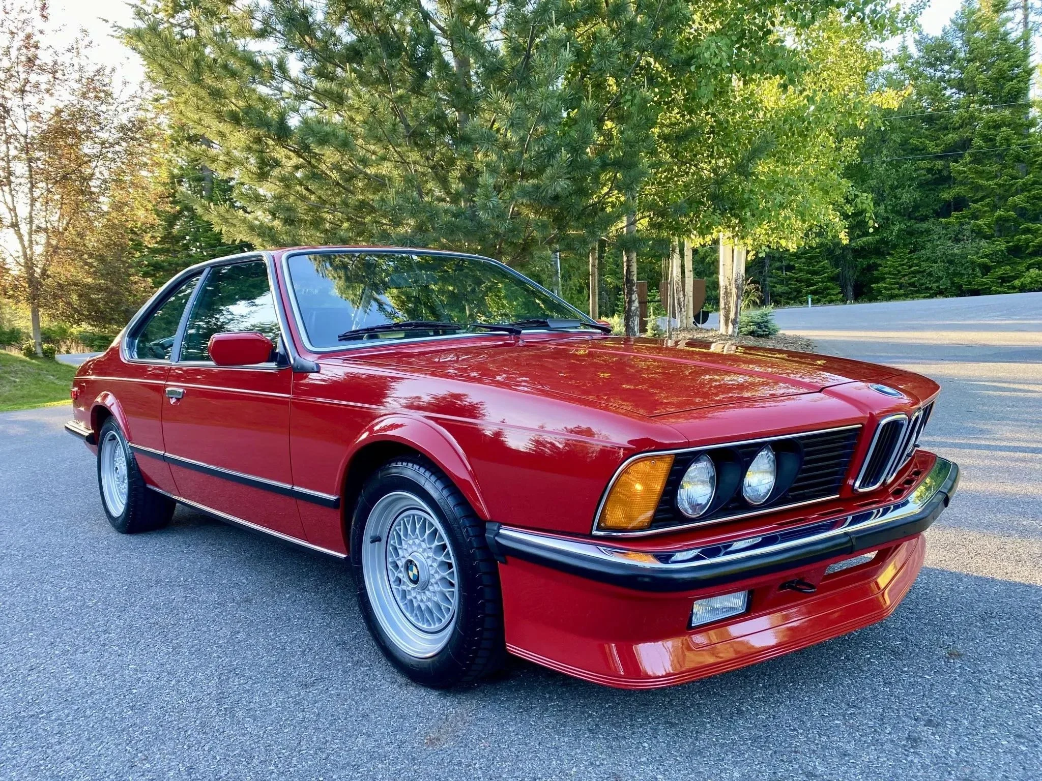 A red vintage BMW coupe parked on a paved road with trees and greenery in the background.