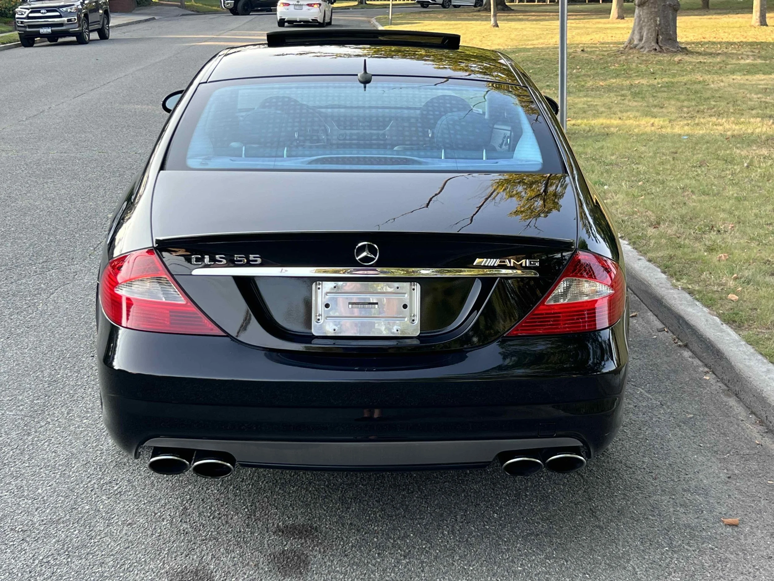 Rear view of a black Mercedes-Benz CLS 55 AMG parked on the street near a grassy park with trees.