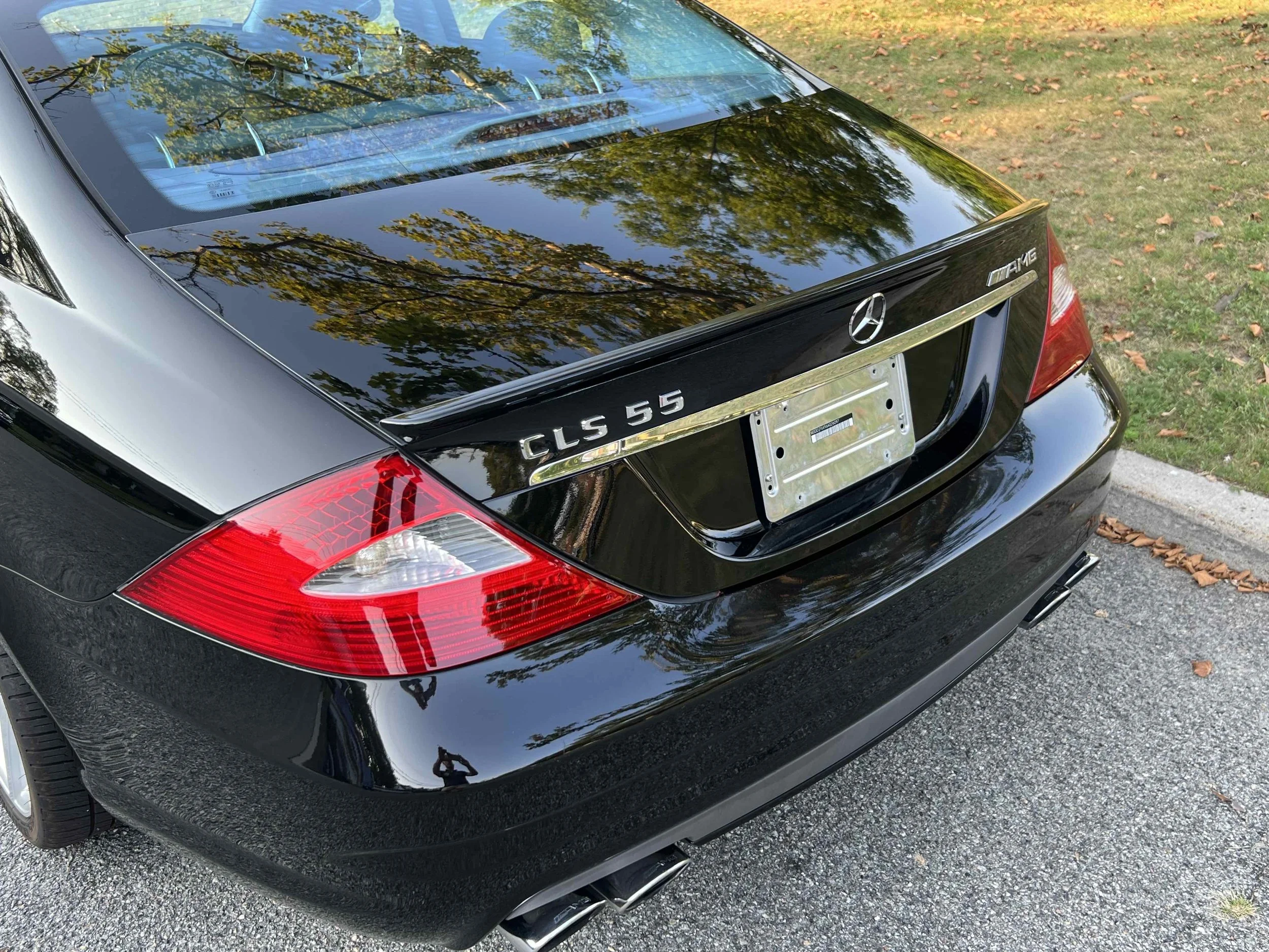 Black Mercedes-Benz CLS 55 AMG parked on a street, with reflections of trees on the trunk and rear windshield, and a grassy area with fallen leaves nearby.