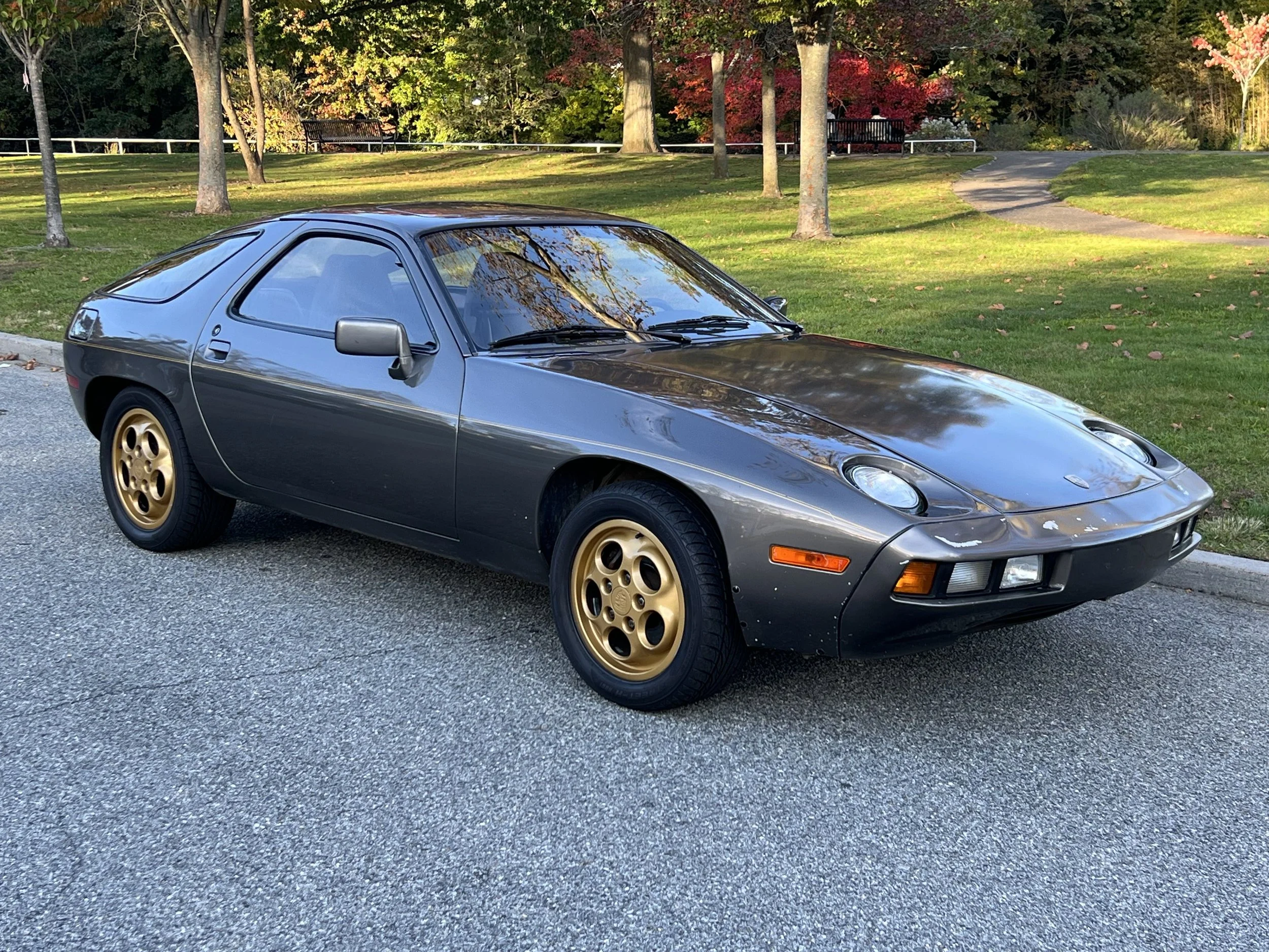 A classic black sports car with gold wheels parked on a quiet street in a park-like setting with trees and a grassy area.