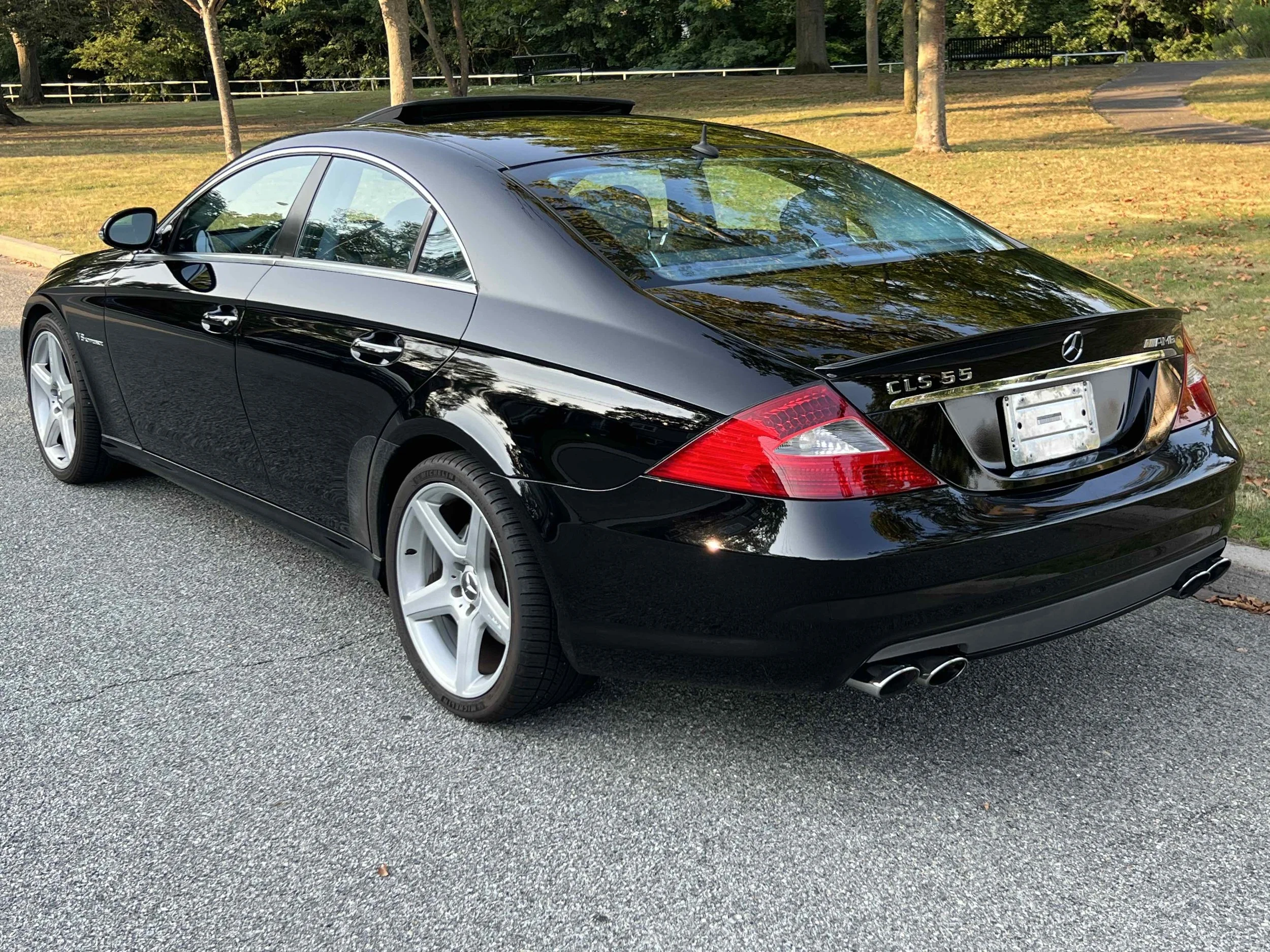 Black Mercedes-Benz CLS 55 AMG parked on a road with a park and trees in the background.