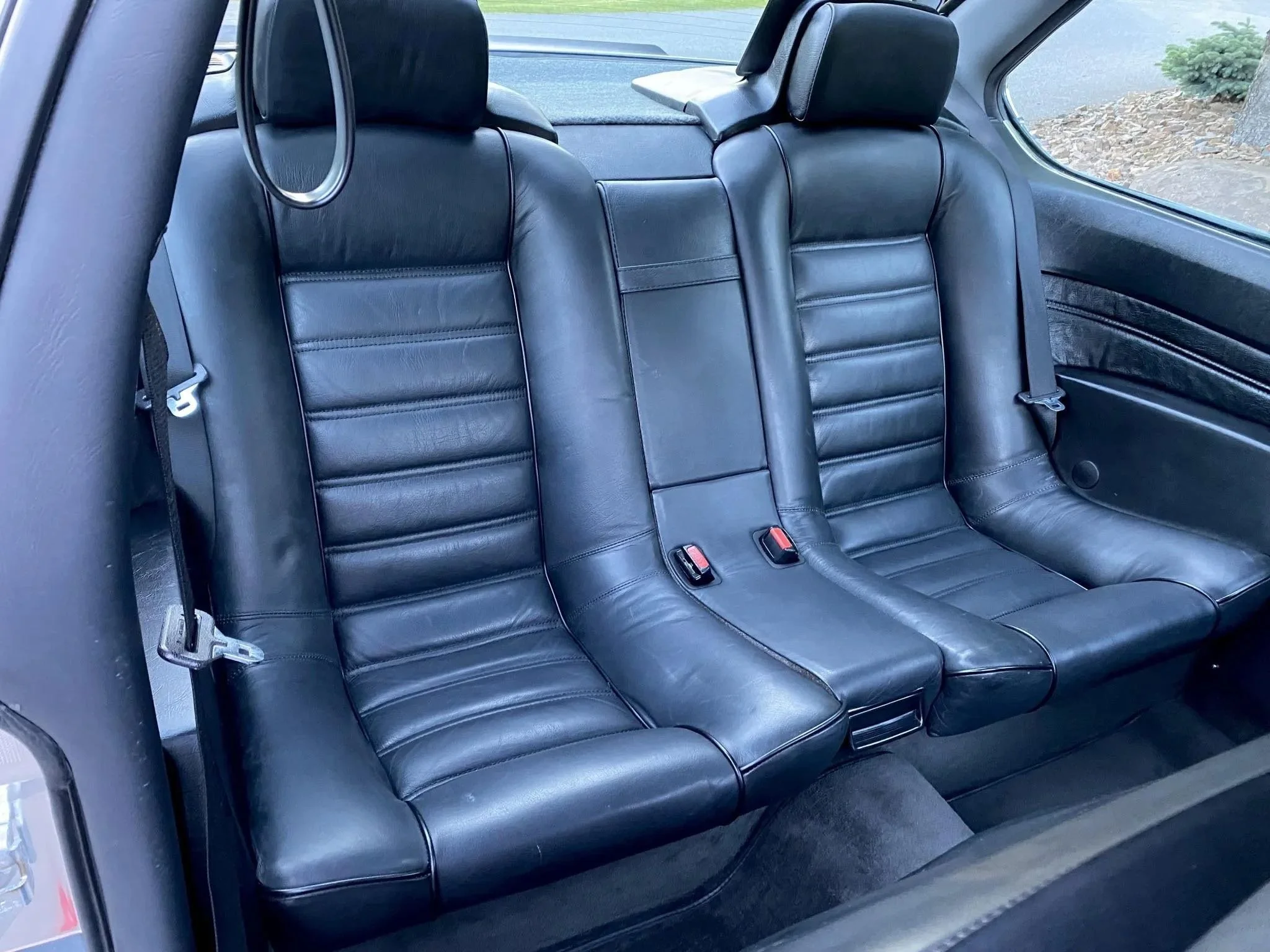 The backseat of a car with black leather seats, three seat belts, and headrests, shown from the front passenger side.