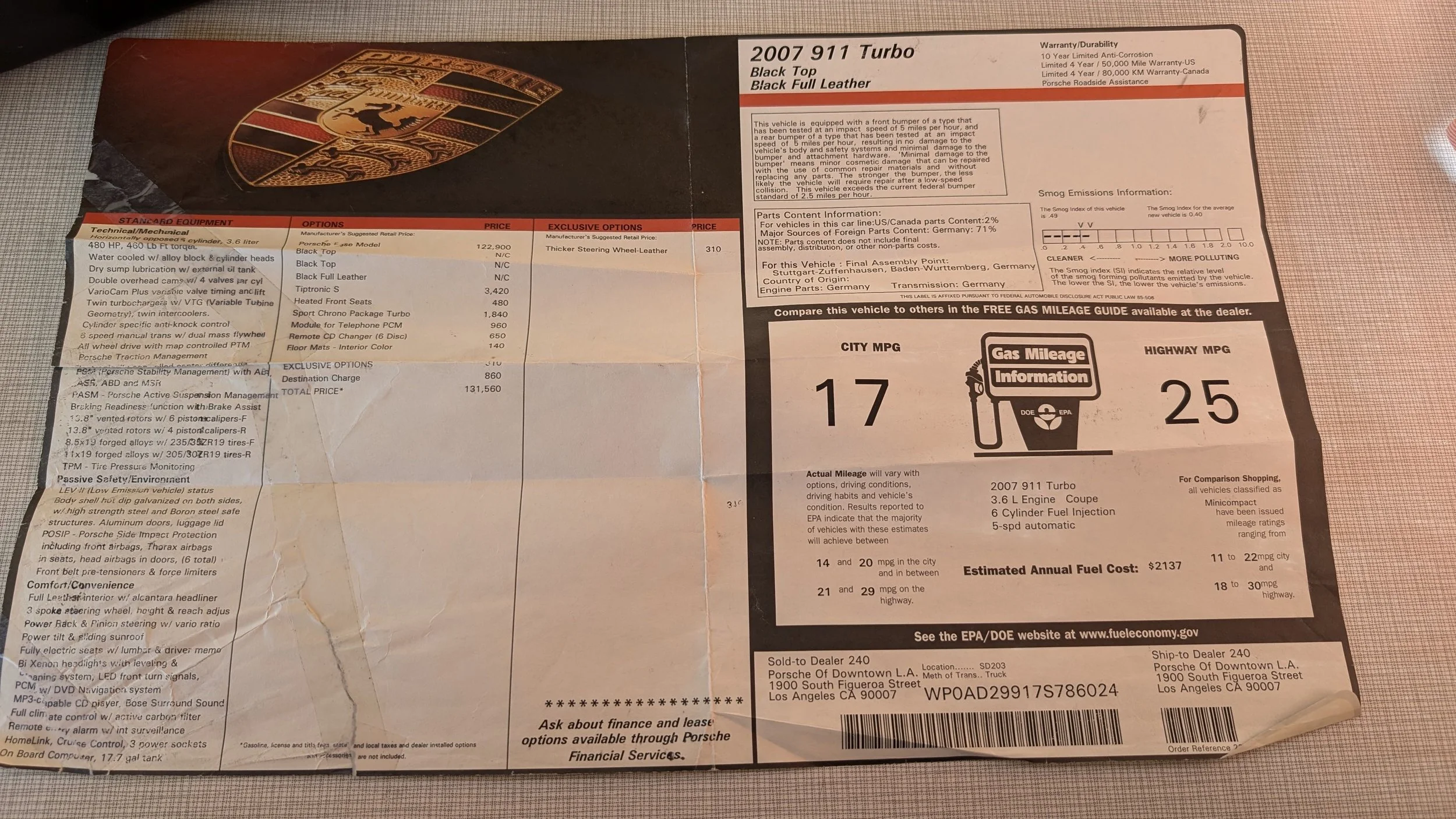 Window sticker for a 2007 Porsche 911 Turbo with black exterior and full leather interior. It includes specifications, options, fuel economy information, and dealership details.