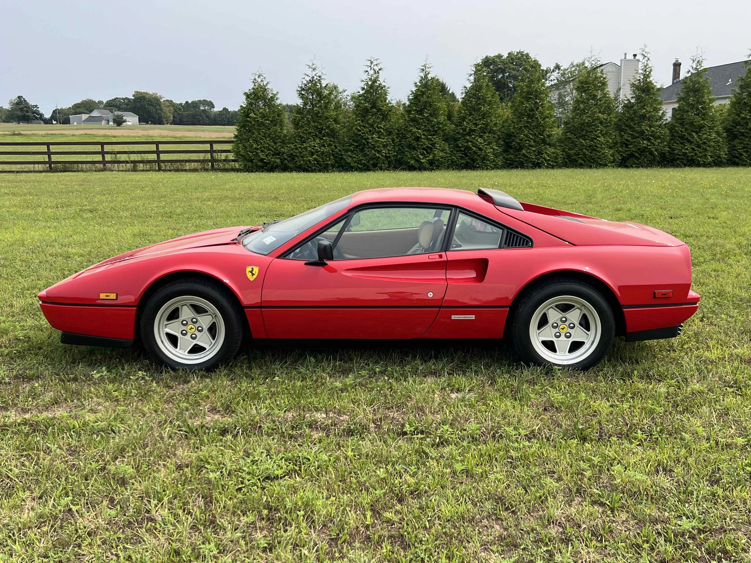 Red Ferrari sports car parked on a grassy field with trees and houses in the background.