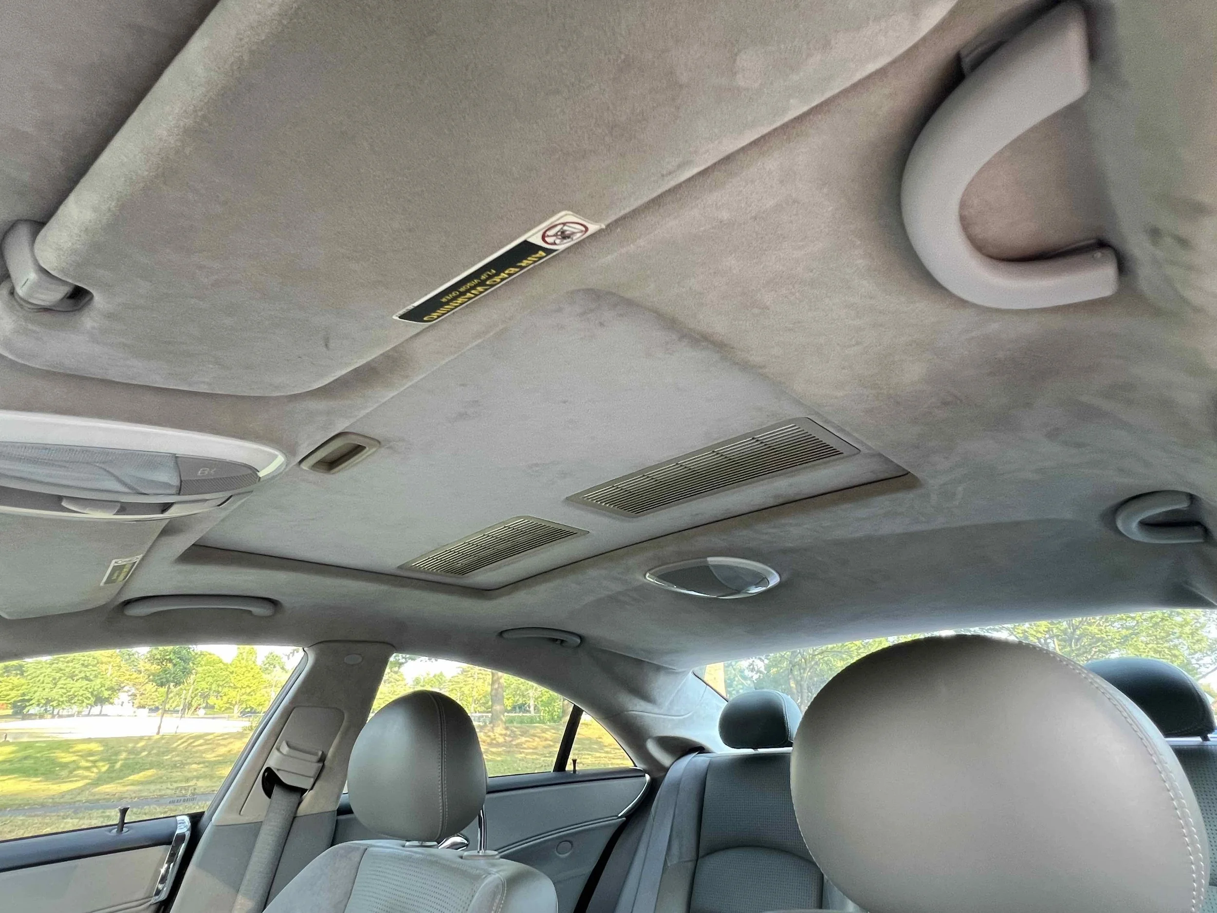 Interior view of a car's ceiling showing grab handles, vents, lights, and a warning label, with a window revealing a sunny outdoor scene with trees.