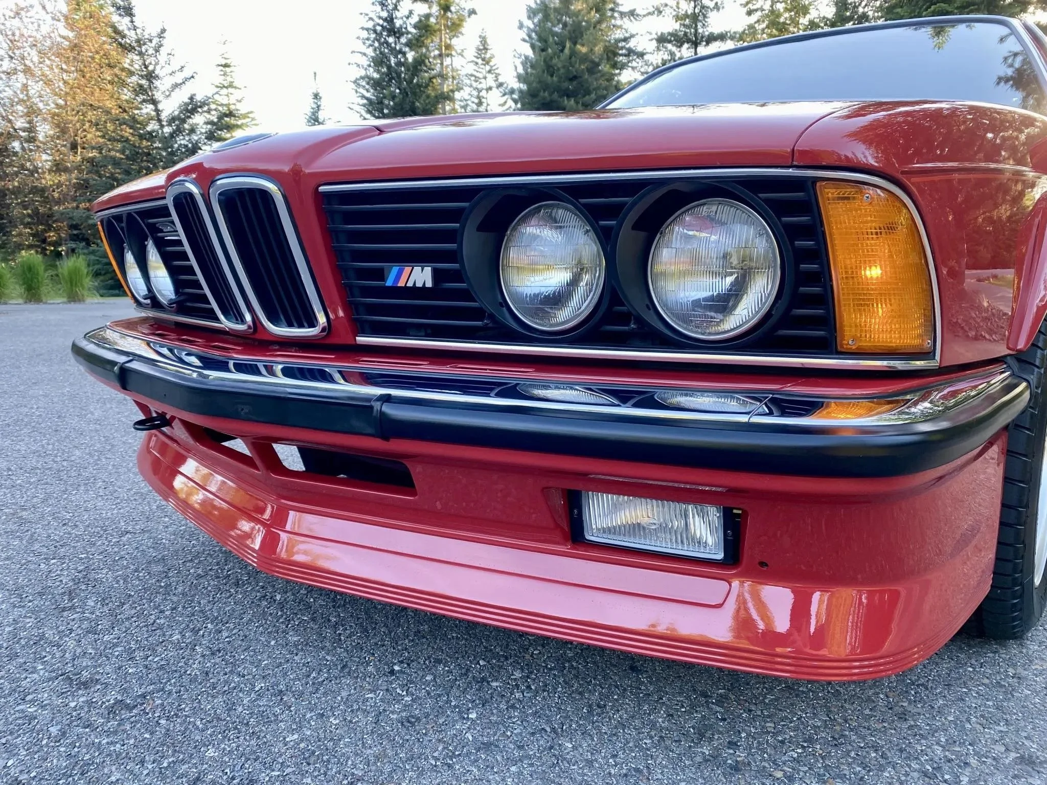Front view of a red vintage BMW M series car with distinctive headlights and grille, parked on a gravel surface with trees in the background.