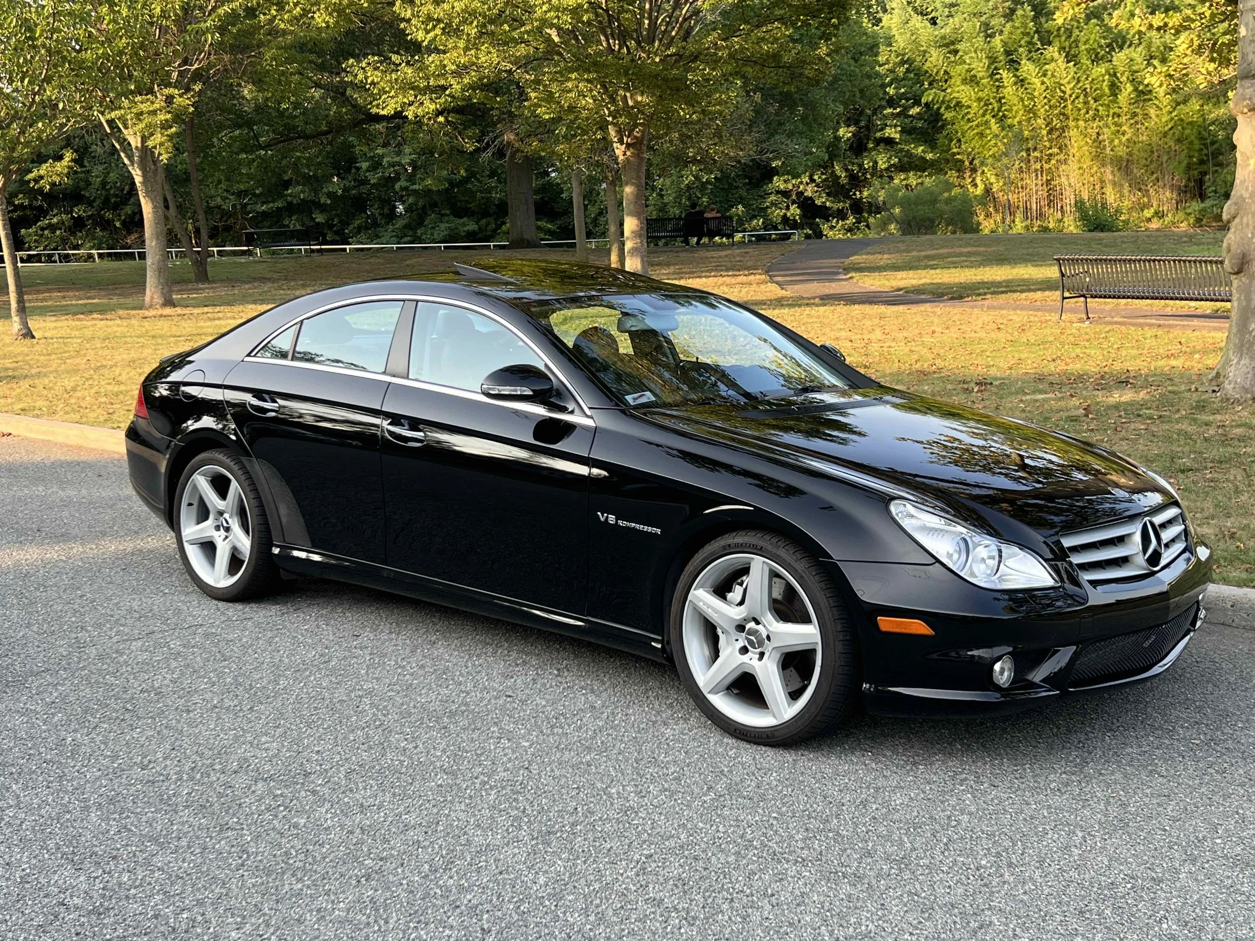 Black Mercedes-Benz CLS55 AMG  parked on the street in a park with trees and benches in the background.