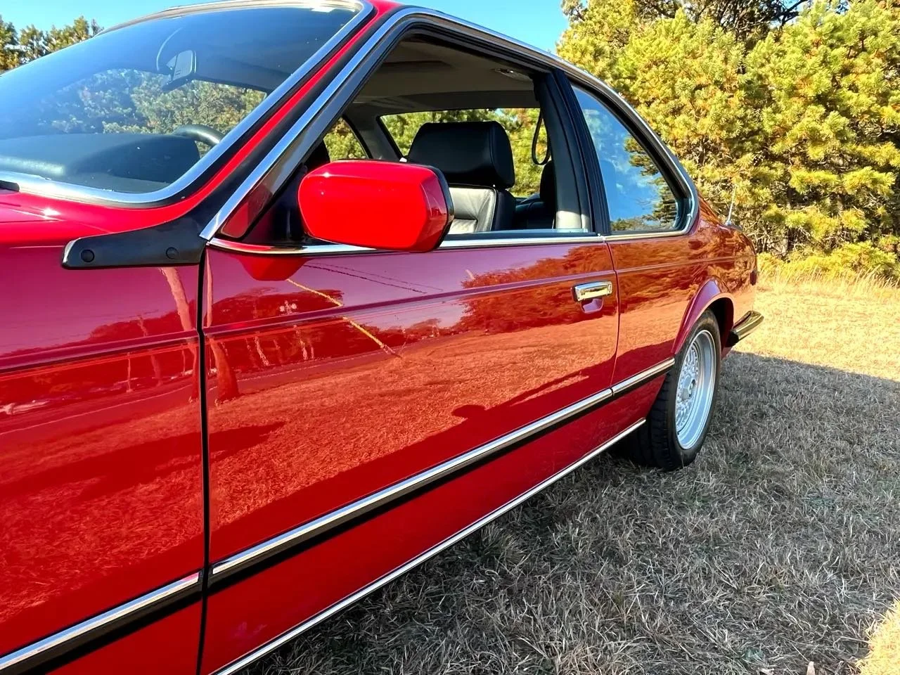 A red vintage car parked on grass with trees in the background, showing the side and part of the passenger side of the vehicle.