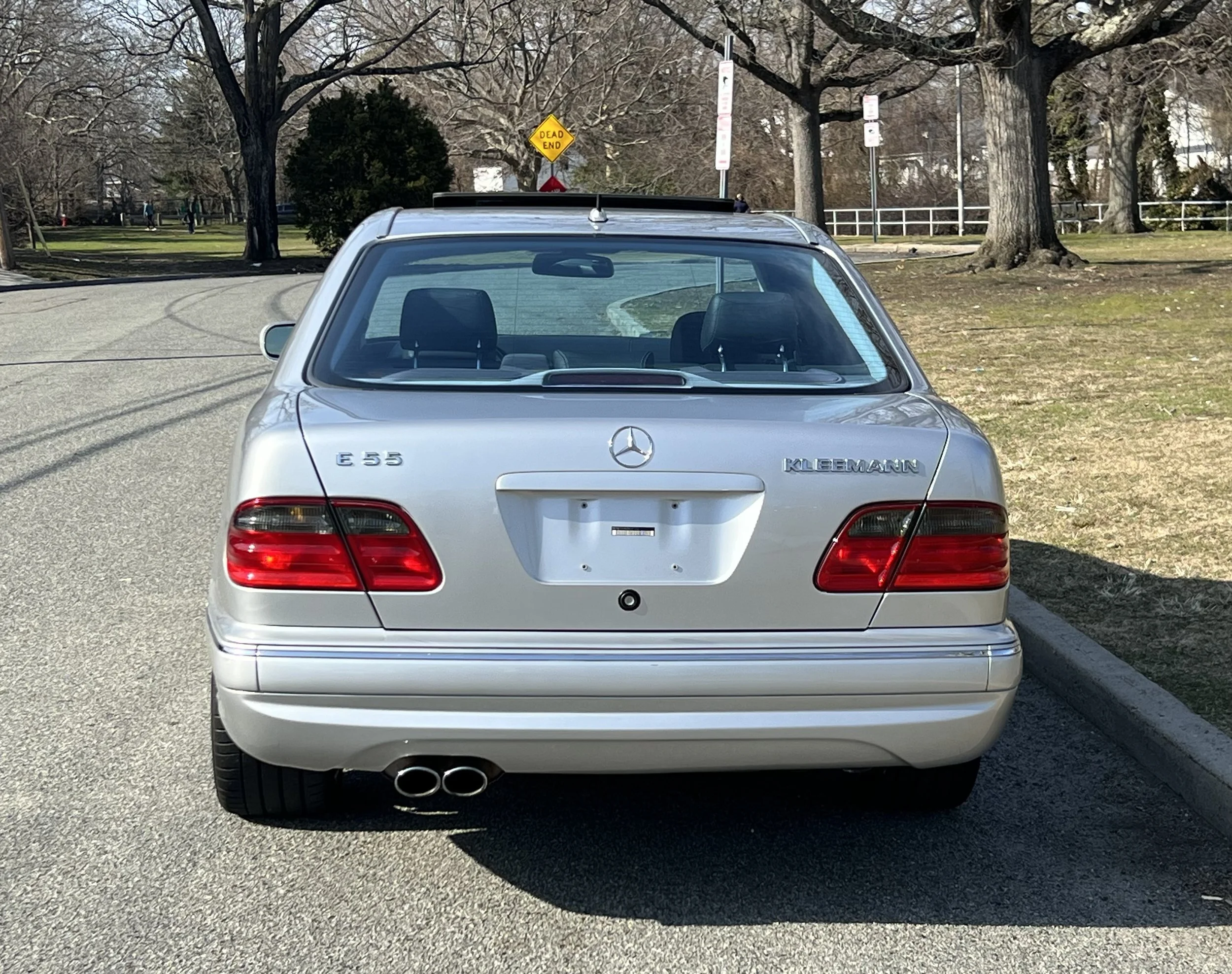 Back of a silver Mercedes-Benz E55 AMG parked near a curb on a street, with trees and a park in the background.