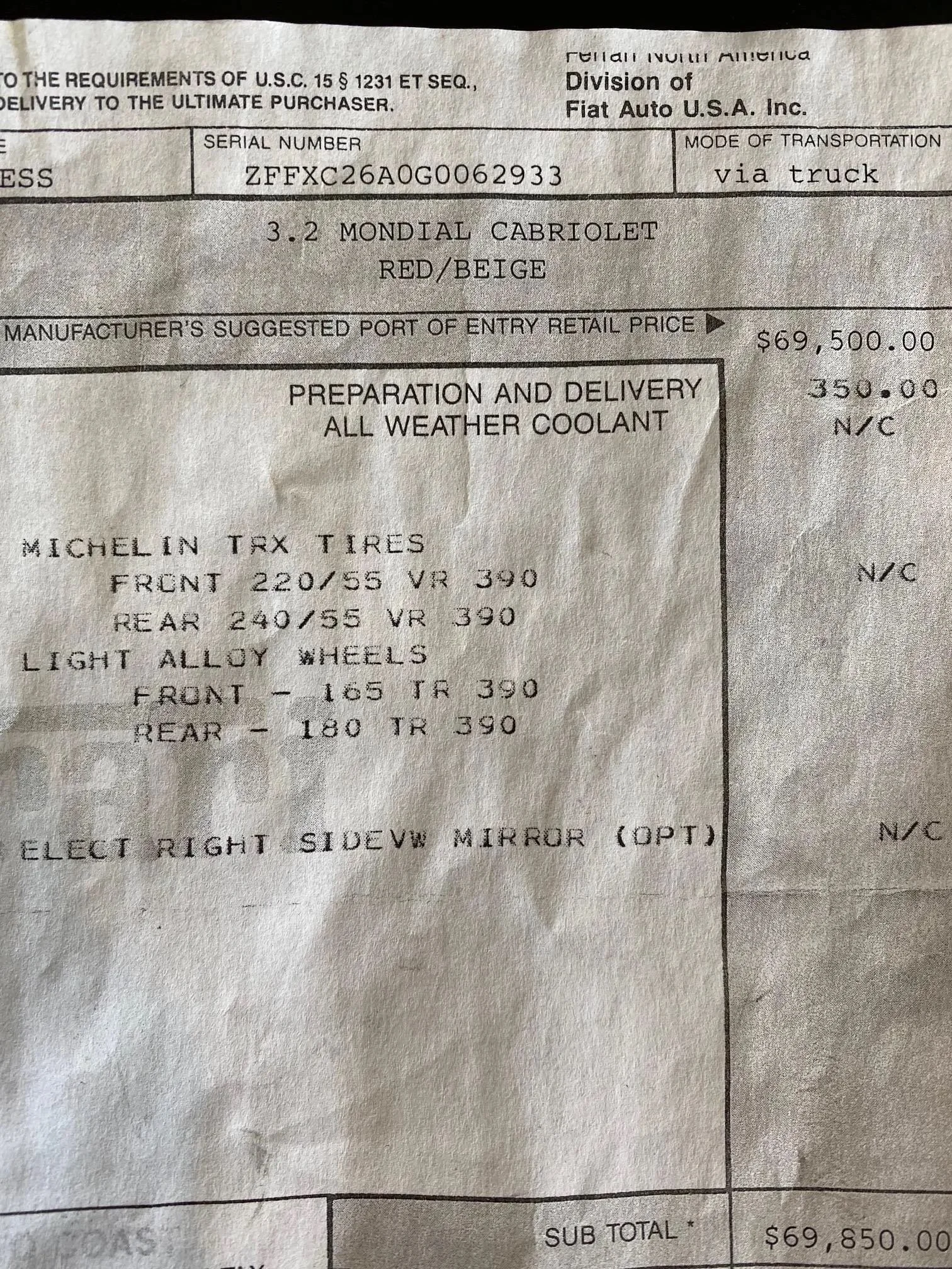 A detailed invoice from Fiat Auto U.S.A. Inc. for a 3.2 Mondial Cabriolet in red/beige, including prices for preparation, delivery, tires, aluminum wheels, optional right sideview mirror, and total amounts listed.