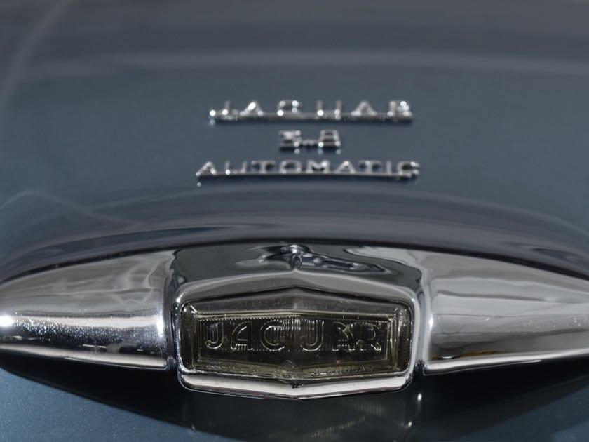 Close-up of a vintage Jaguar automobile hood ornament with the Jaguar emblem and the words 'JAGUAR 3.8 AUTOMATIC' on the hood.