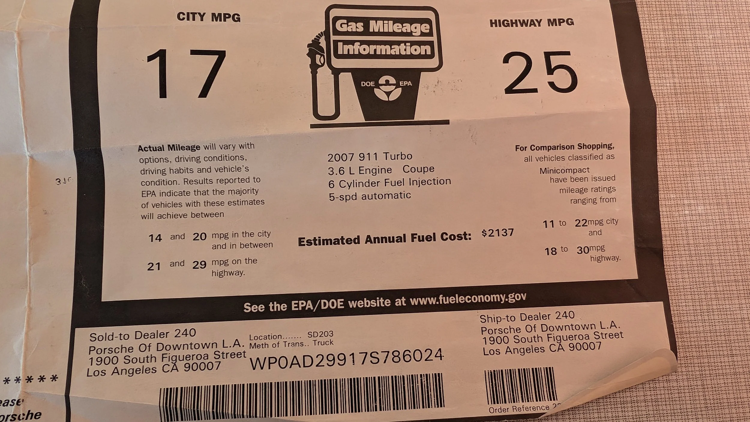 A fuel mileage label showing EPA and DOE estimates for a 2007 Porsche 911 Turbo with a 3.6L engine, 6-cylinder, fuel injection, and 5-speed automatic transmission. The label details city and highway MPG ranges, estimated annual fuel cost, and the veh