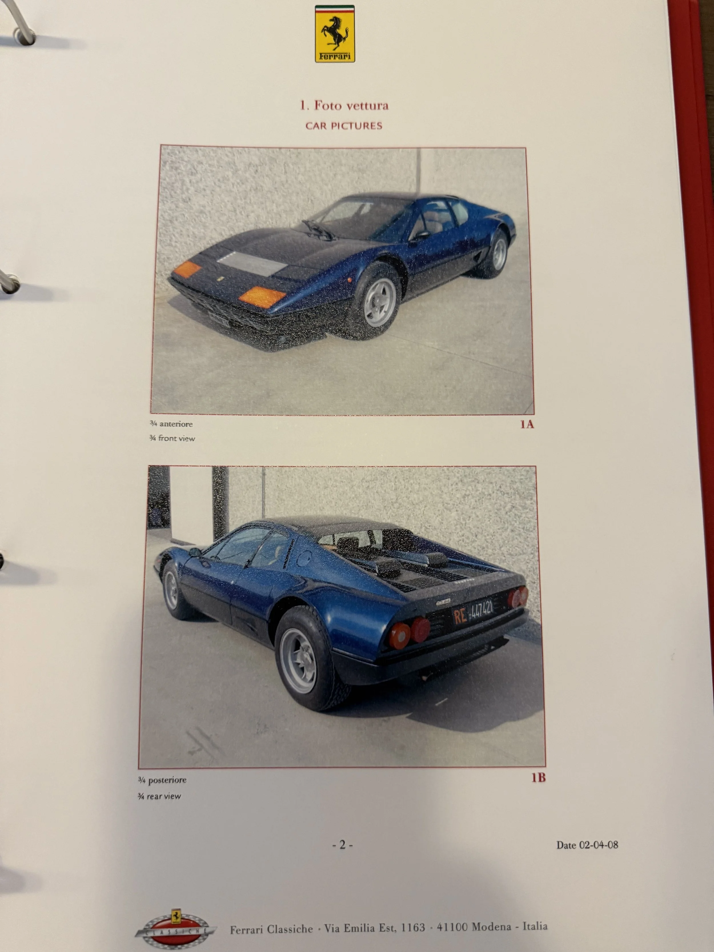 Page of Ferrari Classiche Red Book showing photographs of a 1979 Ferrari 512 BB sports car, including front and rear views, on a plain background, with a Ferrari logo at the top and Italian address at the bottom.