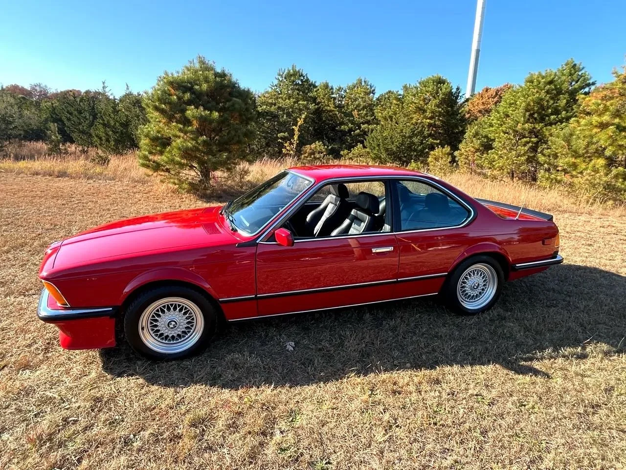 A red vintage sports car parked on dry grass in an open area with trees and a clear blue sky in the background.