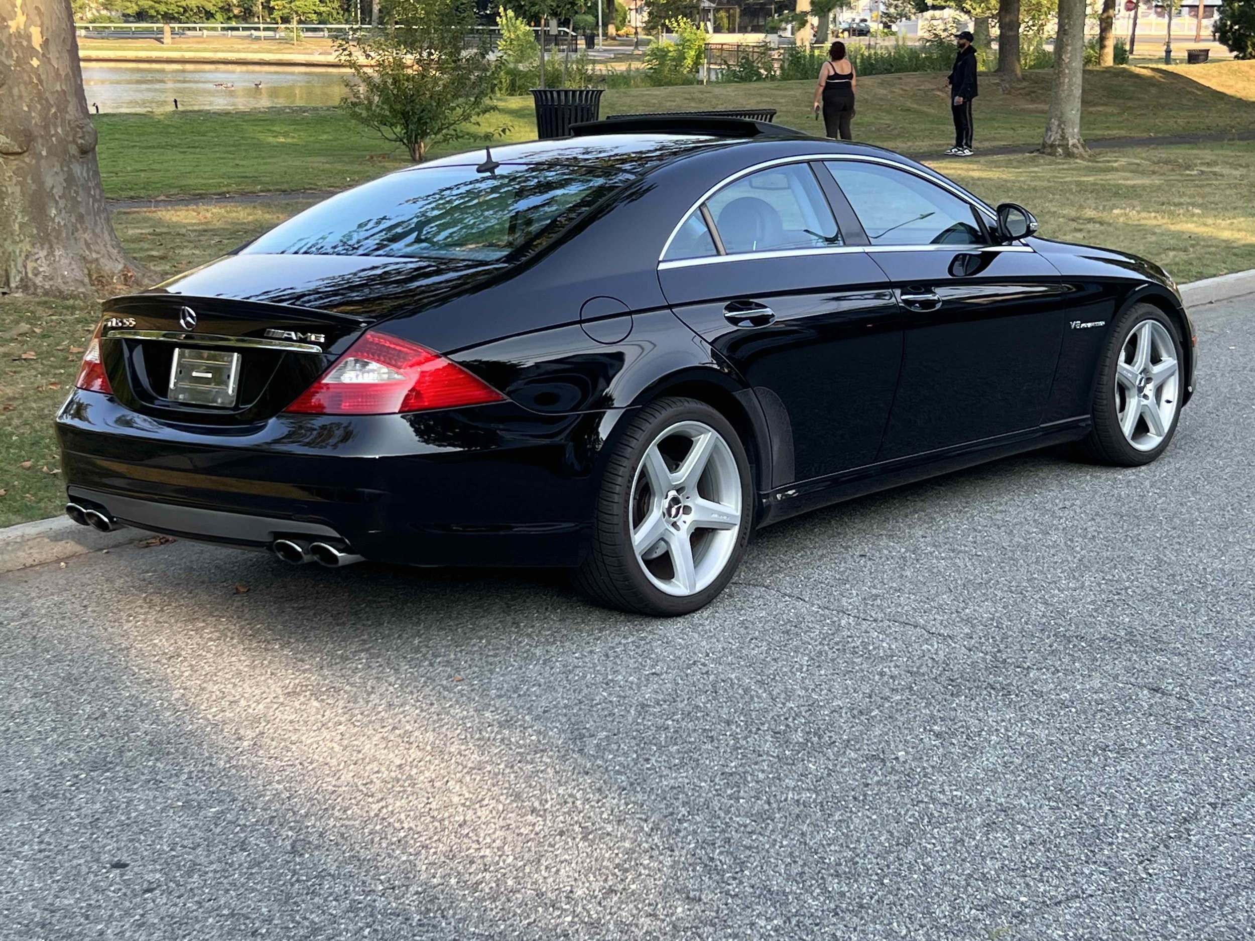 Black Mercedes-Benz CLS55 AMG  parked on the side of a road near a park with trees, grass, and a pond in the background.
