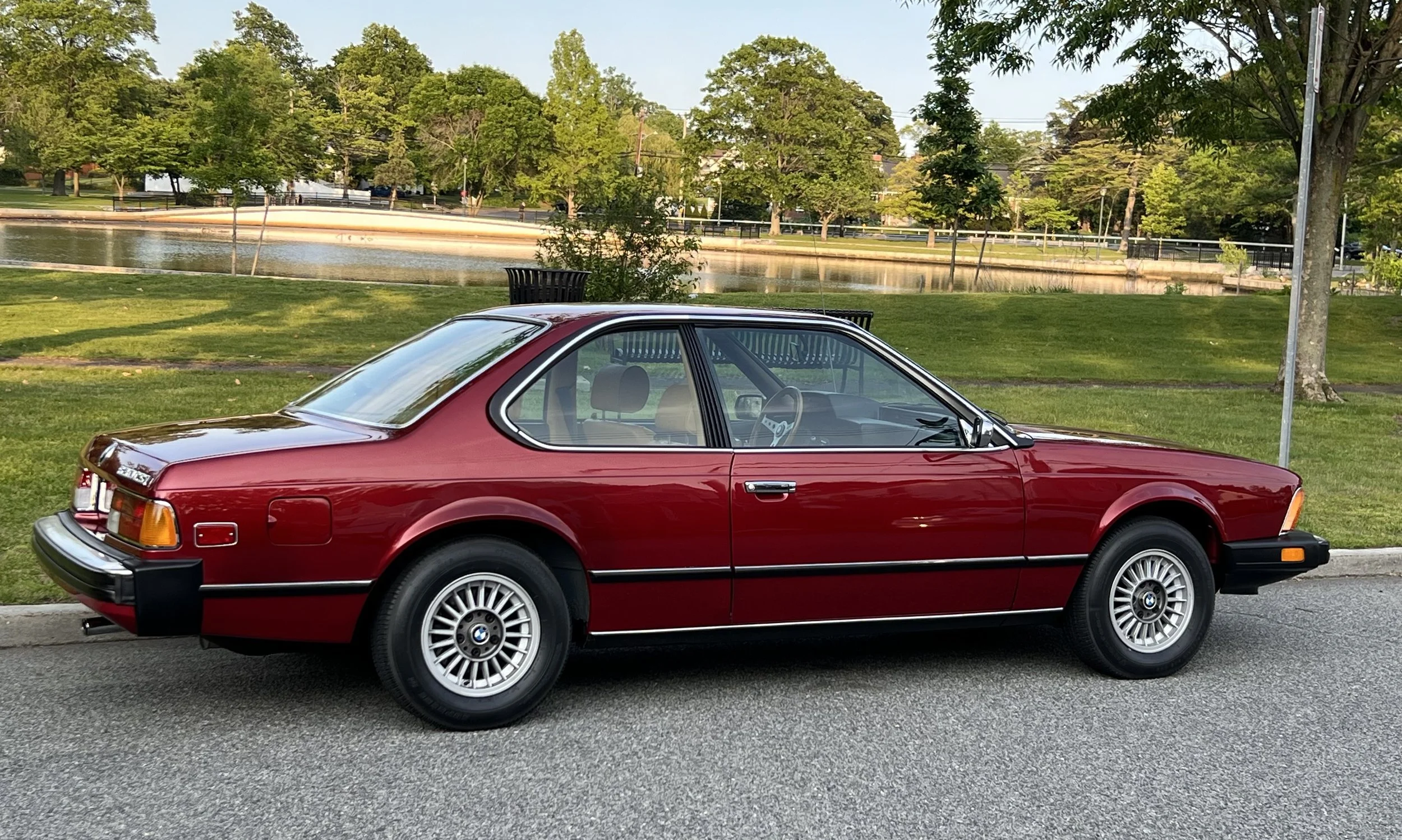 Side of Ruby Red 1977 BMW 630 csi on display in park for sale at FlowHaus