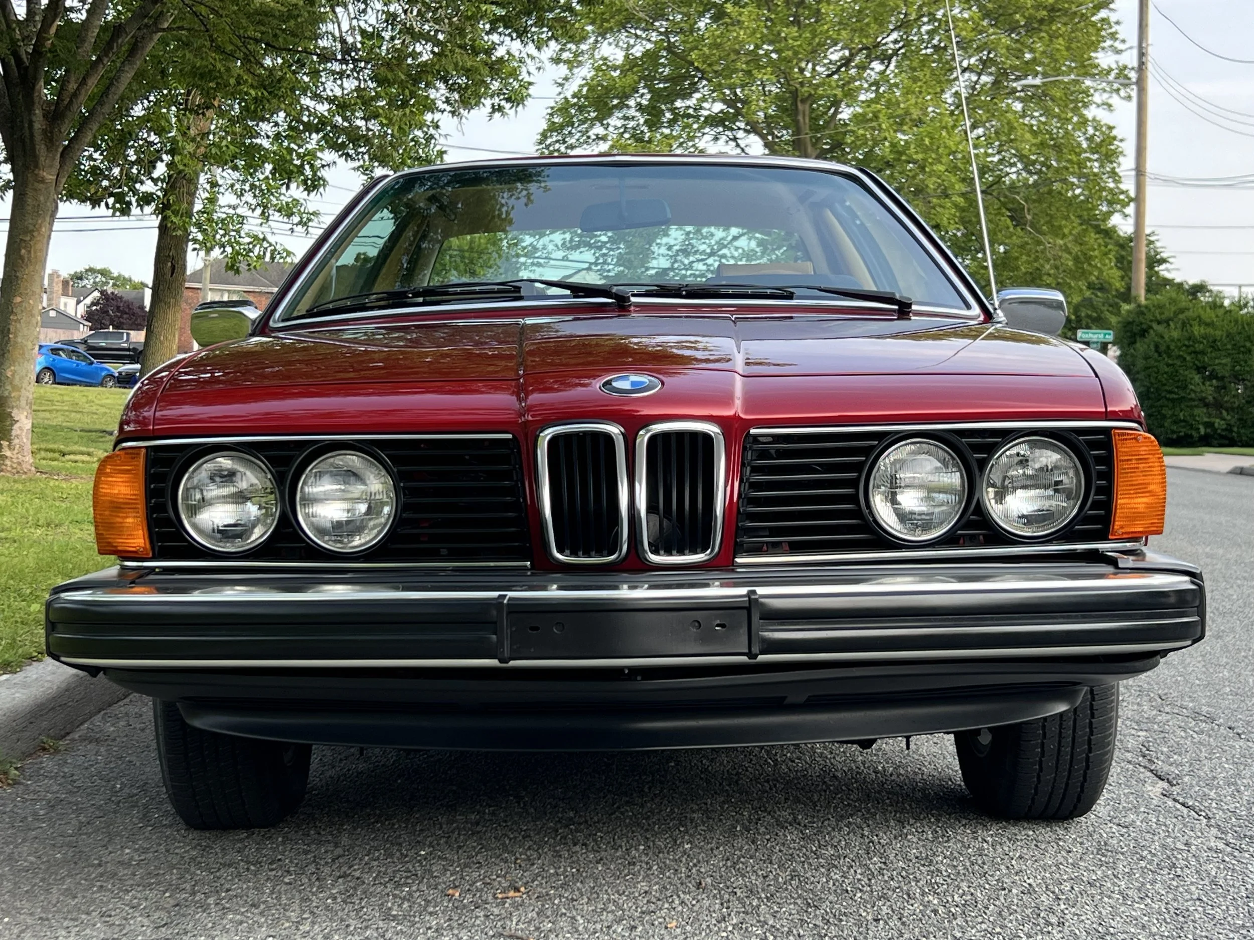 Front of Ruby Red 1977 BMW 630 csi on display in park with trees and grass in background for sale at FlowHaus