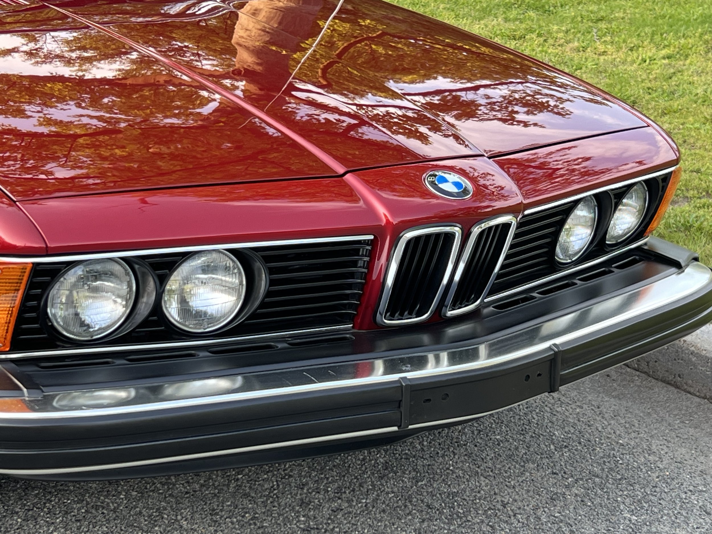Front of Ruby Red 1977 BMW 630 csi on display in park for sale at FlowHaus