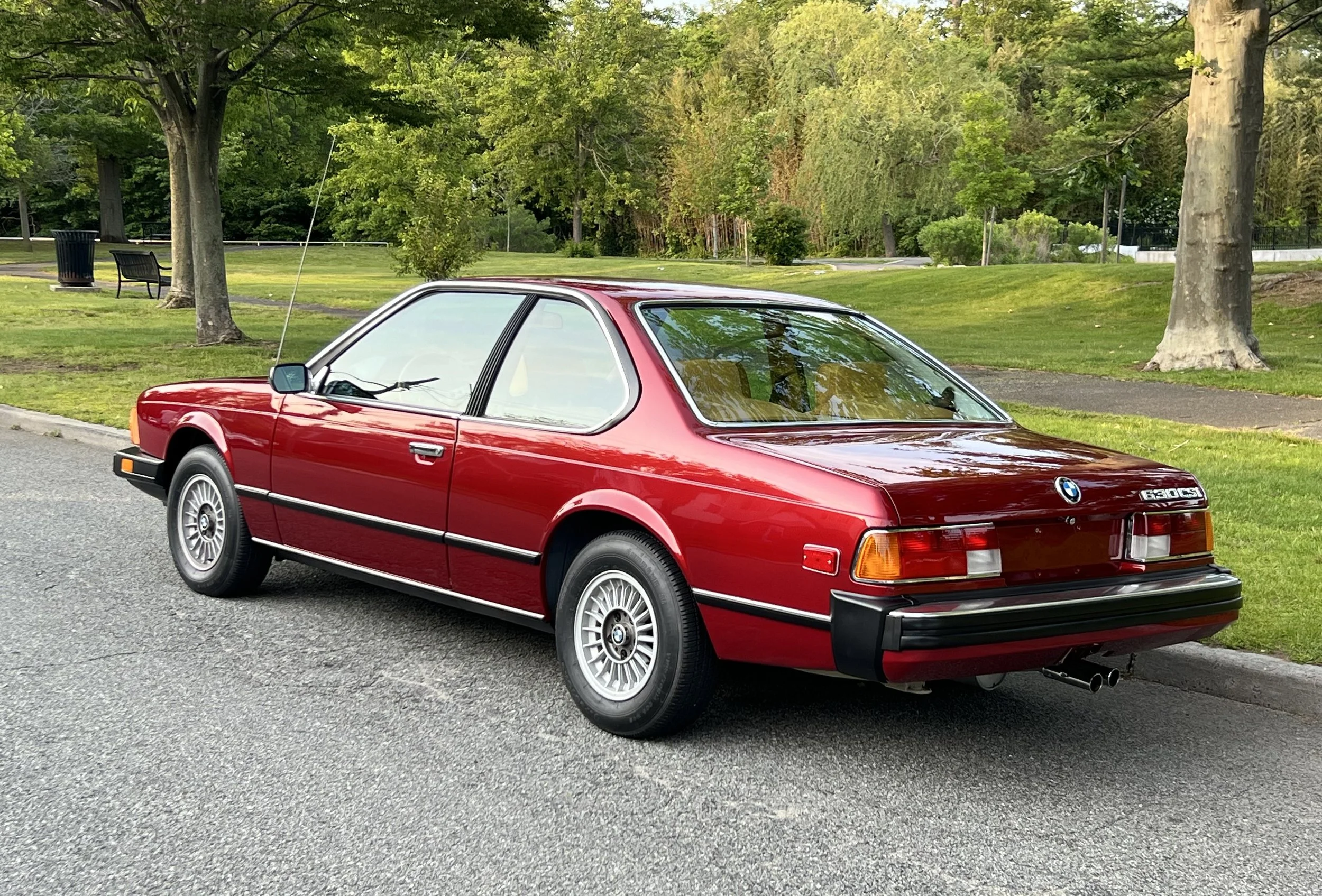 Ruby Red 1977 BMW 630 csi on display in park with trees, grass, and lake in background for sale at FlowHaus