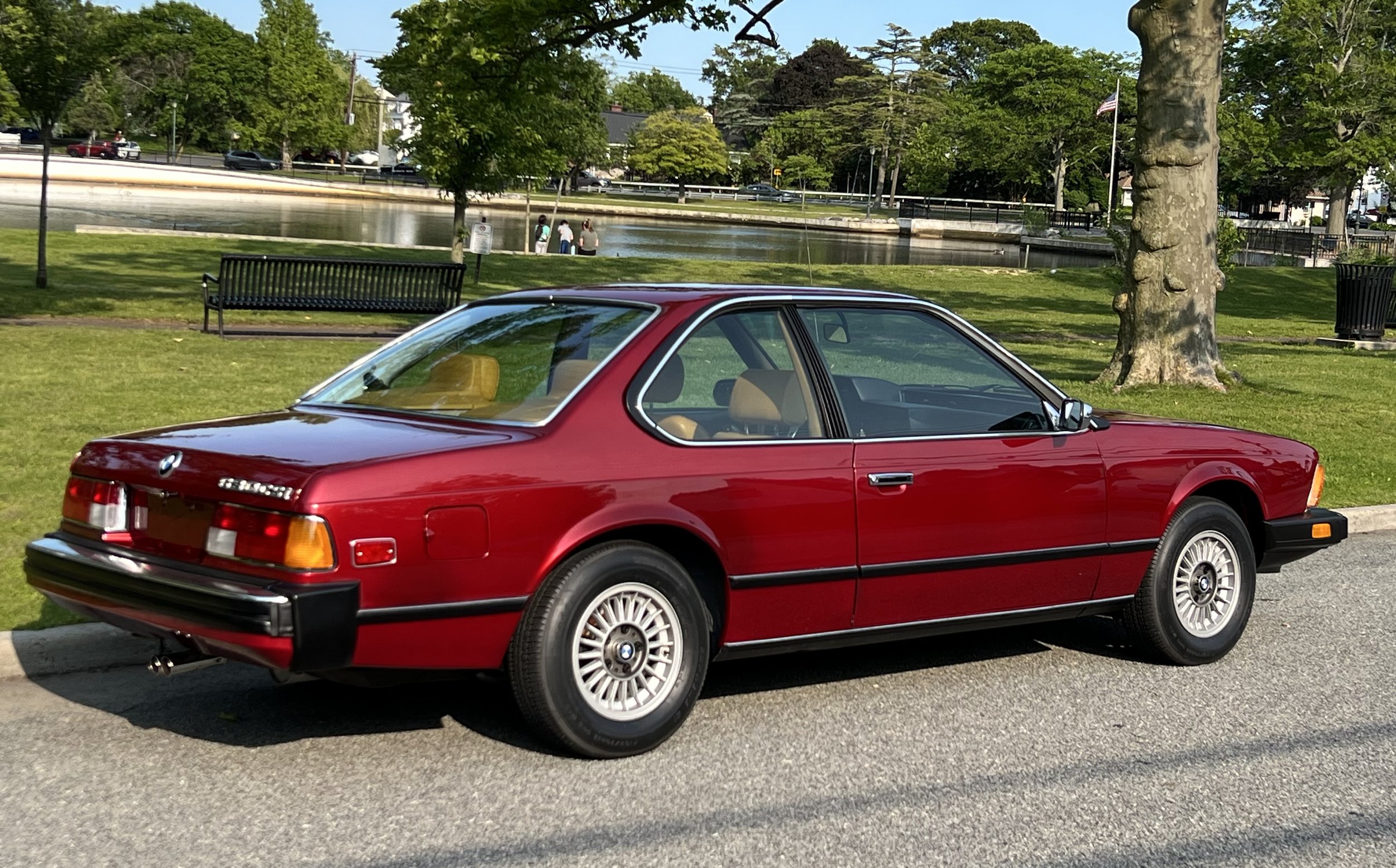 Ruby Red 1977 BMW 630 csi on display in park with trees and grass in background for sale at FlowHaus