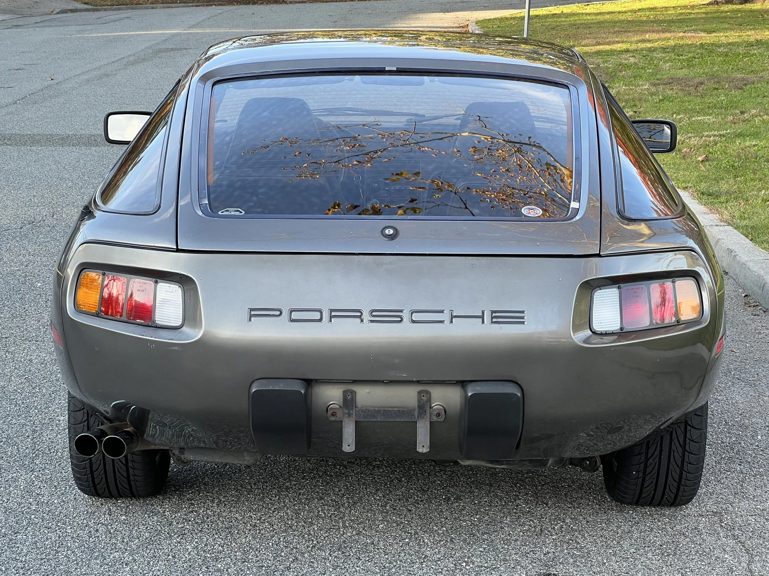 Rear view of a vintage silver Porsche 928 parked on a road with grass on the side, reflecting trees in the rear window.