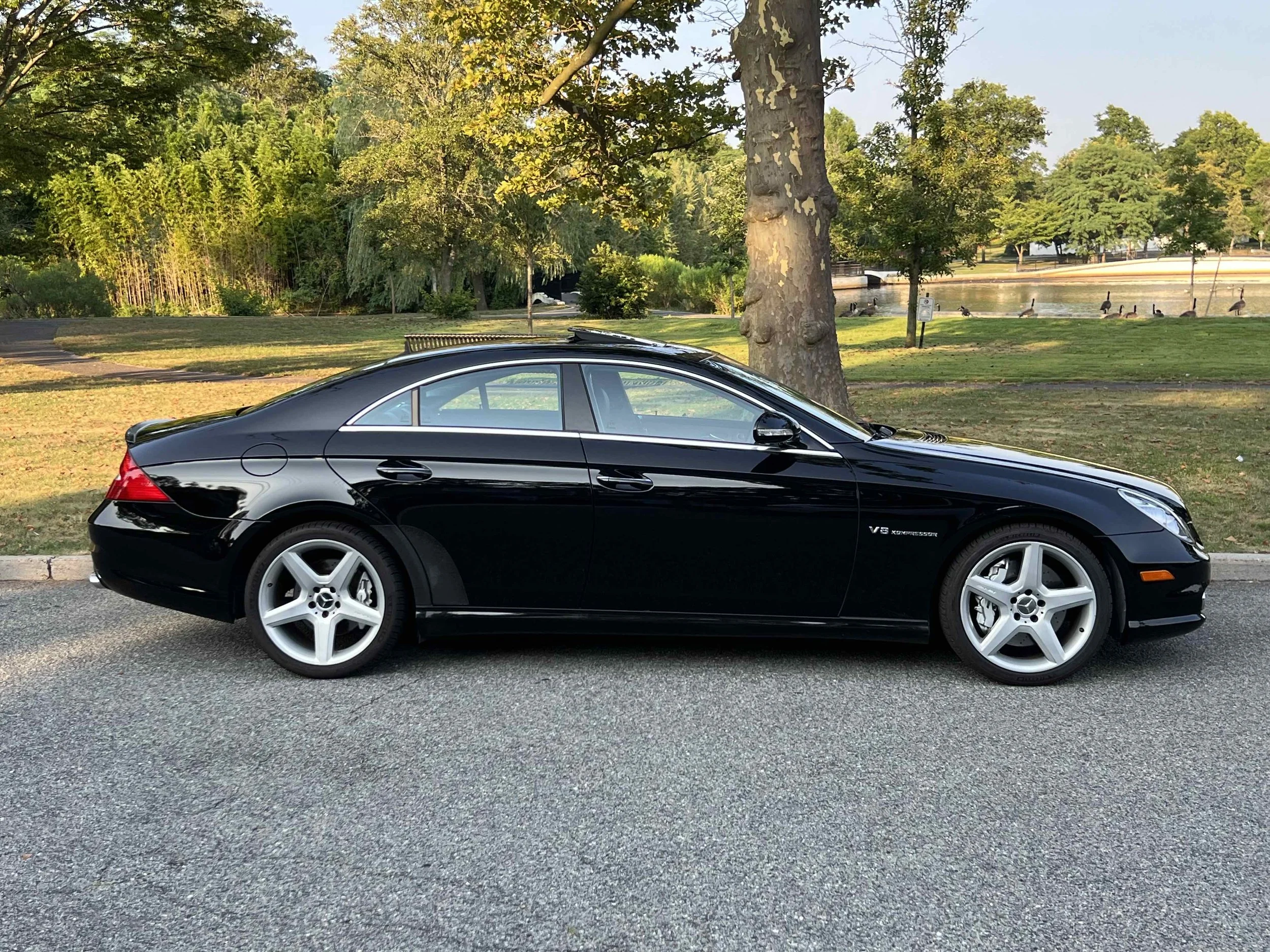 Black Mercedes-Benz CLS55 AMG  parked on the side of a park roadway with trees, water, and ducks in the background.