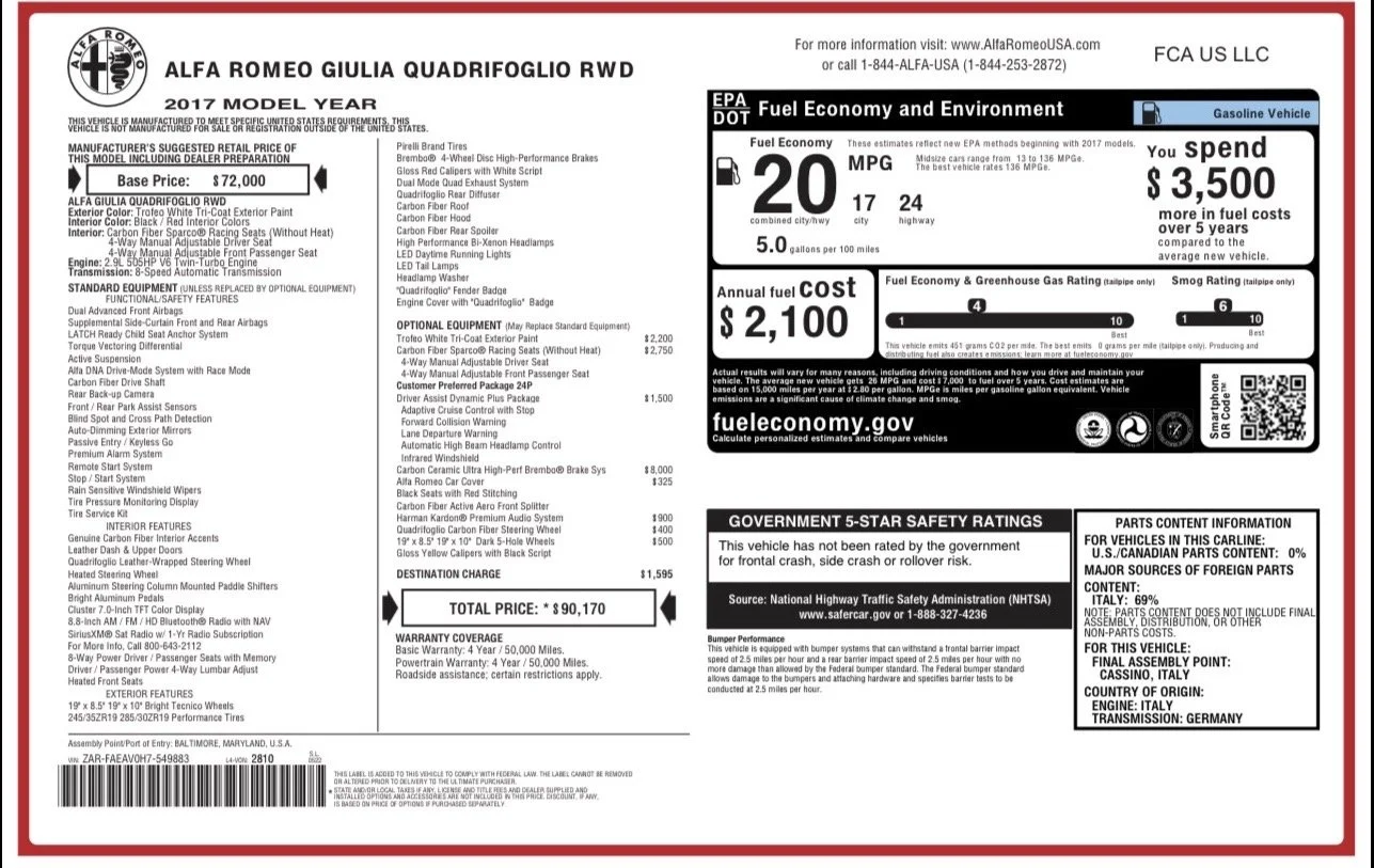 Vehicle window sticker showing details for a 2021 Alfa Romeo Giulia Quadrifoglio RWD, including price, features, optional equipment, performance ratings, safety ratings, and manufacturer information.