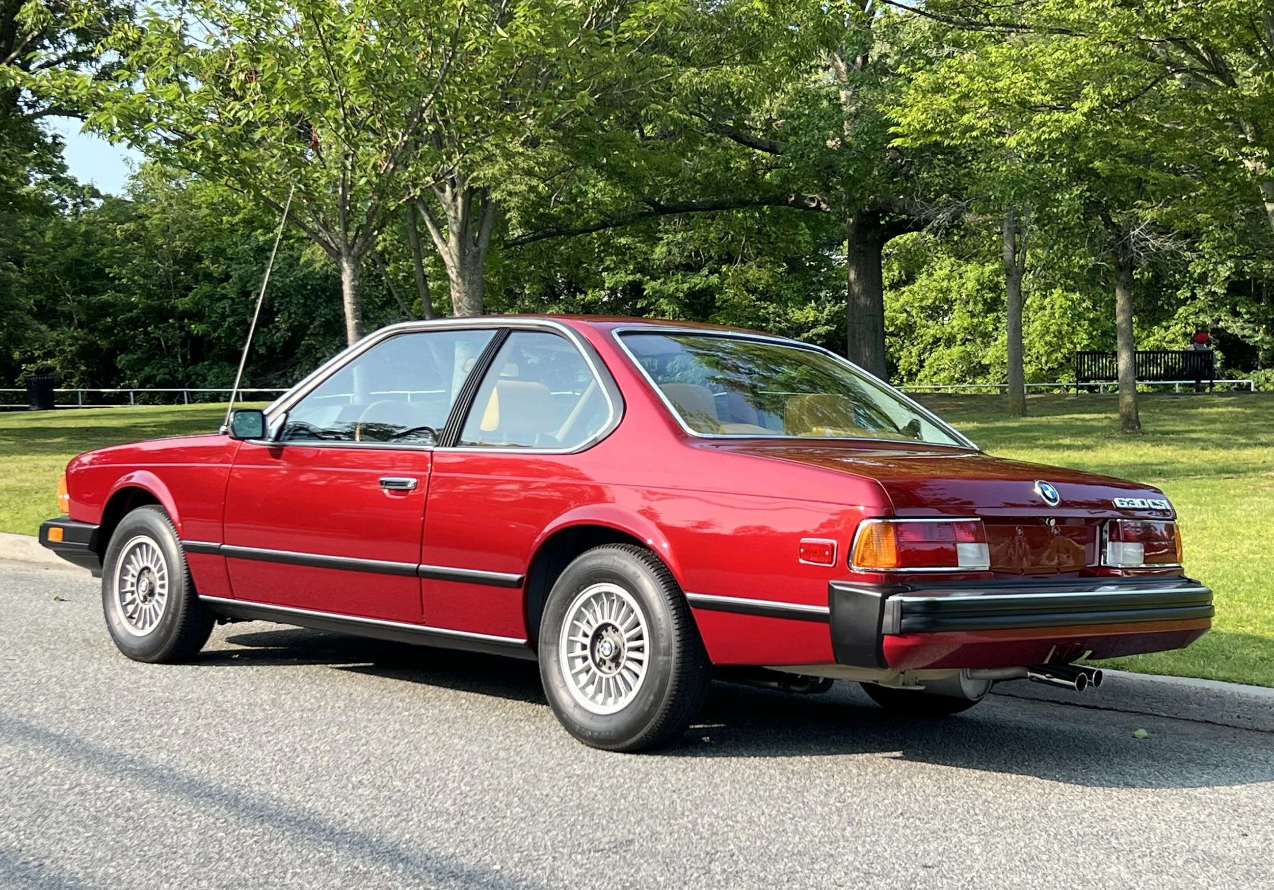 Ruby Red 1977 BMW 630 csi on display in park with trees, grass, and lake in background for sale at FlowHaus
