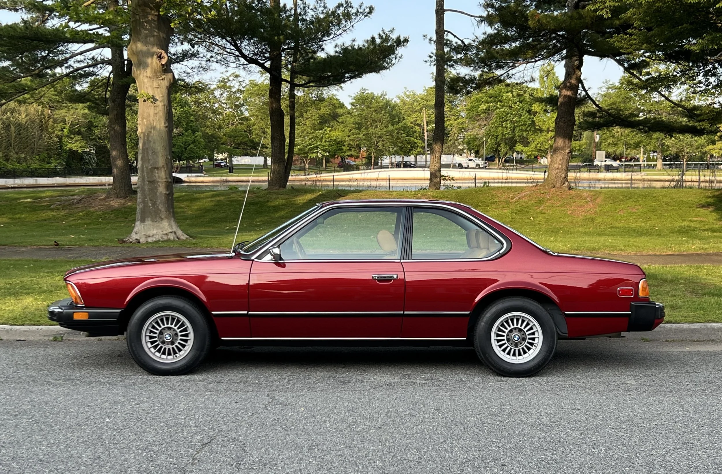Side of Ruby Red 1977 BMW 630 csi on display in park for sale at FlowHaus