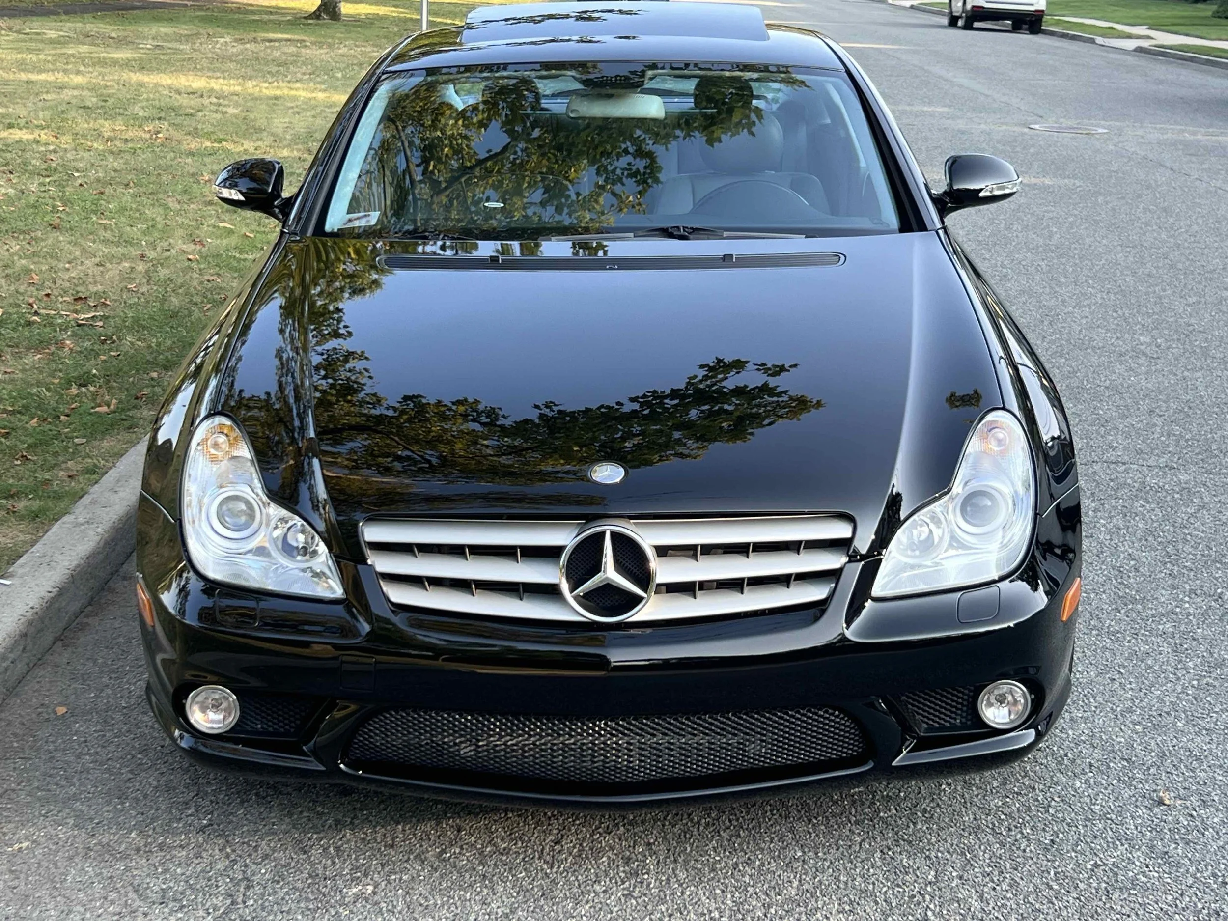 Front view of a black Mercedes-Benz car parked on the street with trees and a grassy area nearby.