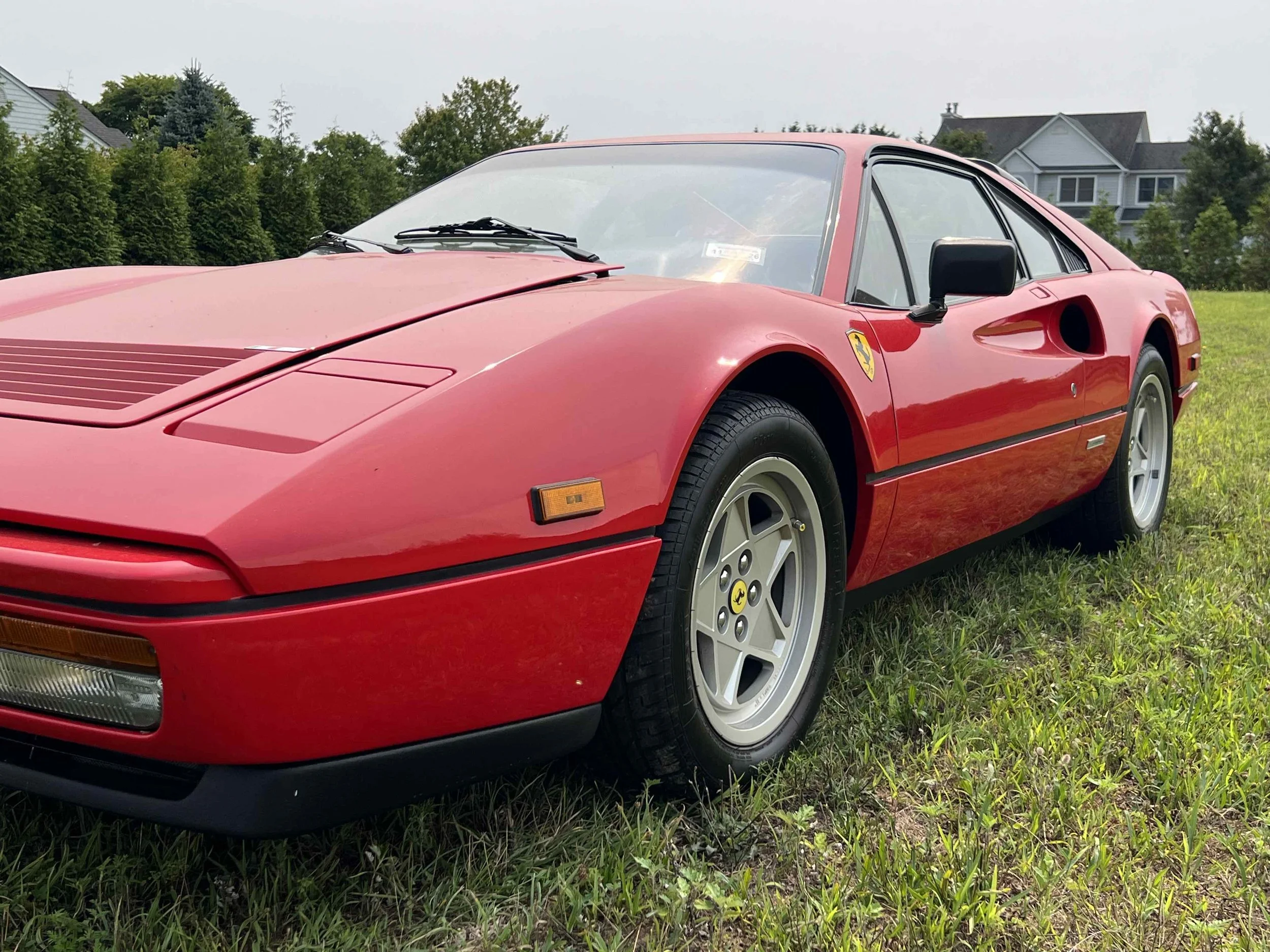 A red classic Ferrari sports car parked on grassy area with houses and trees in background.