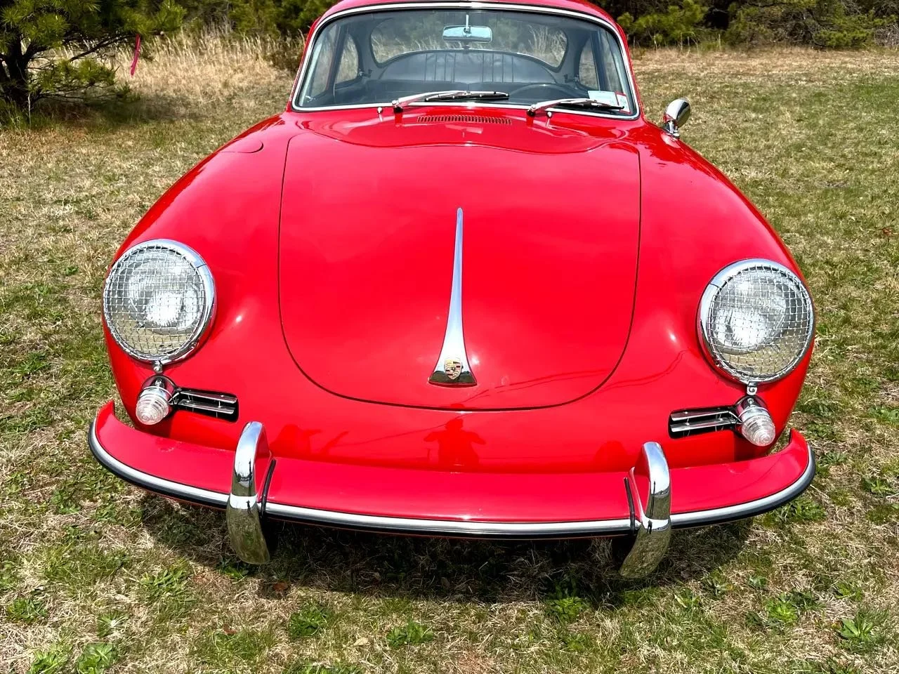 Front view of a classic red Porsche 356 car parked on grass, with a hood ornament and chrome accents.
