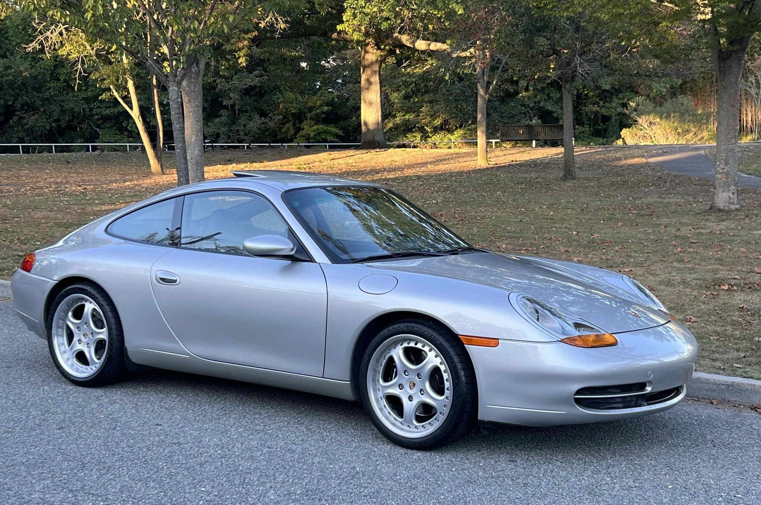 Silver Porsche sports car parked on asphalt road with a park scene in the background, featuring trees and grass.