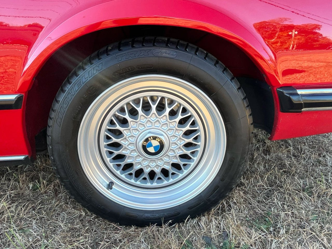 Close-up of a BMW car wheel with a silver mesh pattern rim and a black Michelin tire mounted, parked on dry grass, part of a red vehicle body visible.